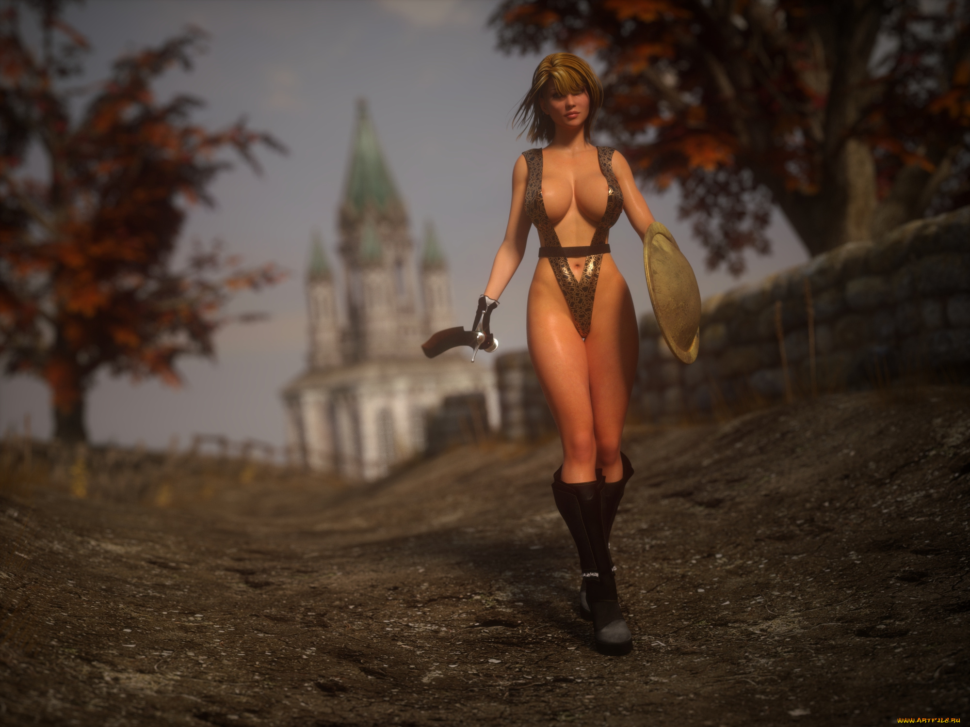 3д, графика, амазонки, , amazon, девушка, щит, меч, амазонка, взгляд, фон