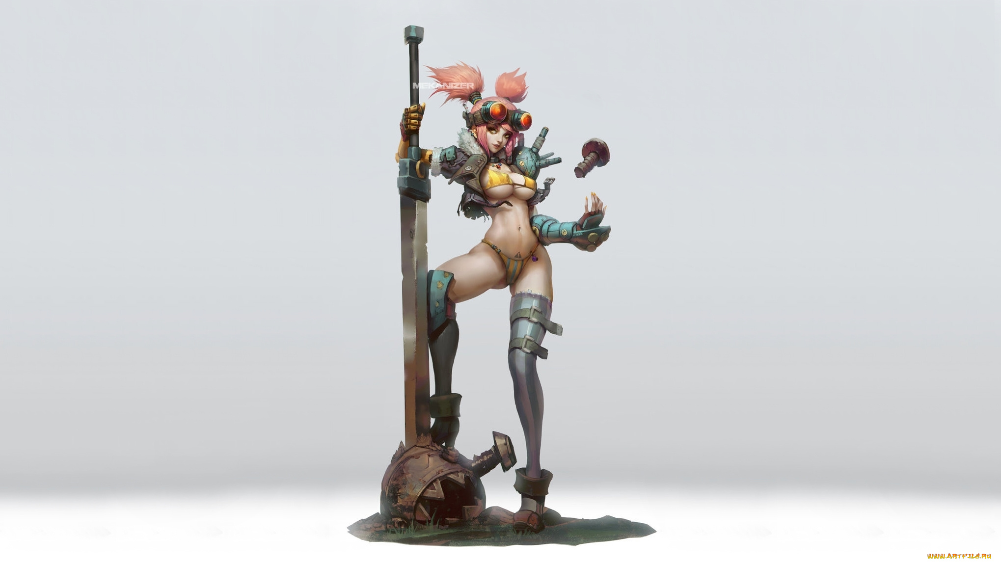 фэнтези, девушки, by, zeronis, триумф, pink, hair, хвостики, pigtails, броня, glasses, болт, bolt, triumph, розовые, волосы, доспех, armor, очки, бикини, bikini, череп, skull, меч, sword, девушка, girl