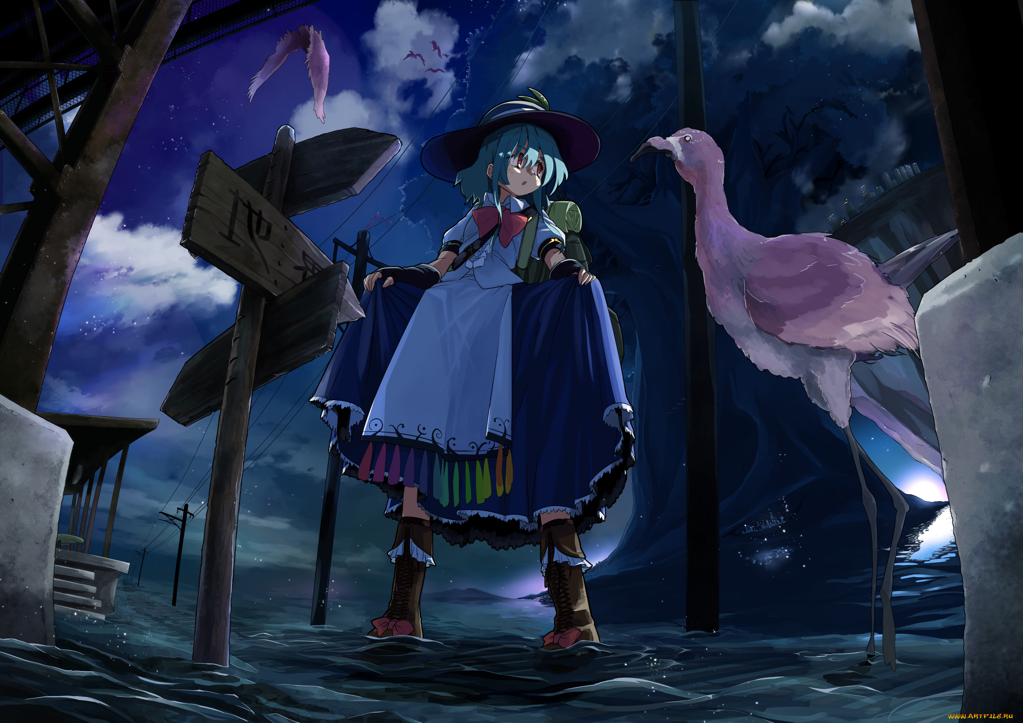 аниме, touhou, арт, waira, птицы, девочка, hinanawi, tenshi