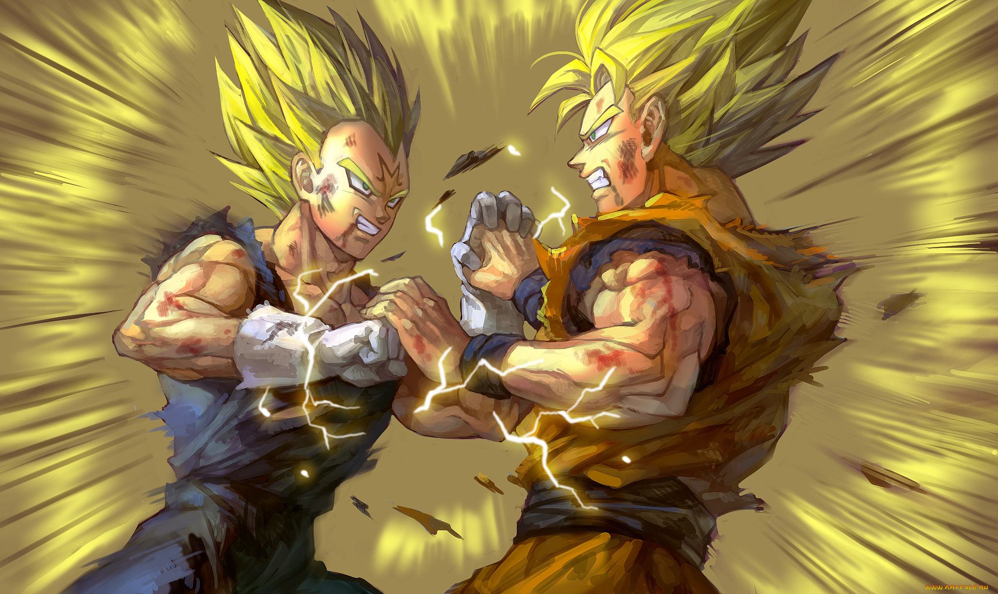 аниме, dragon, ball, anime, art, dragon, ball, son, gokuu, vegeta, битва, парни