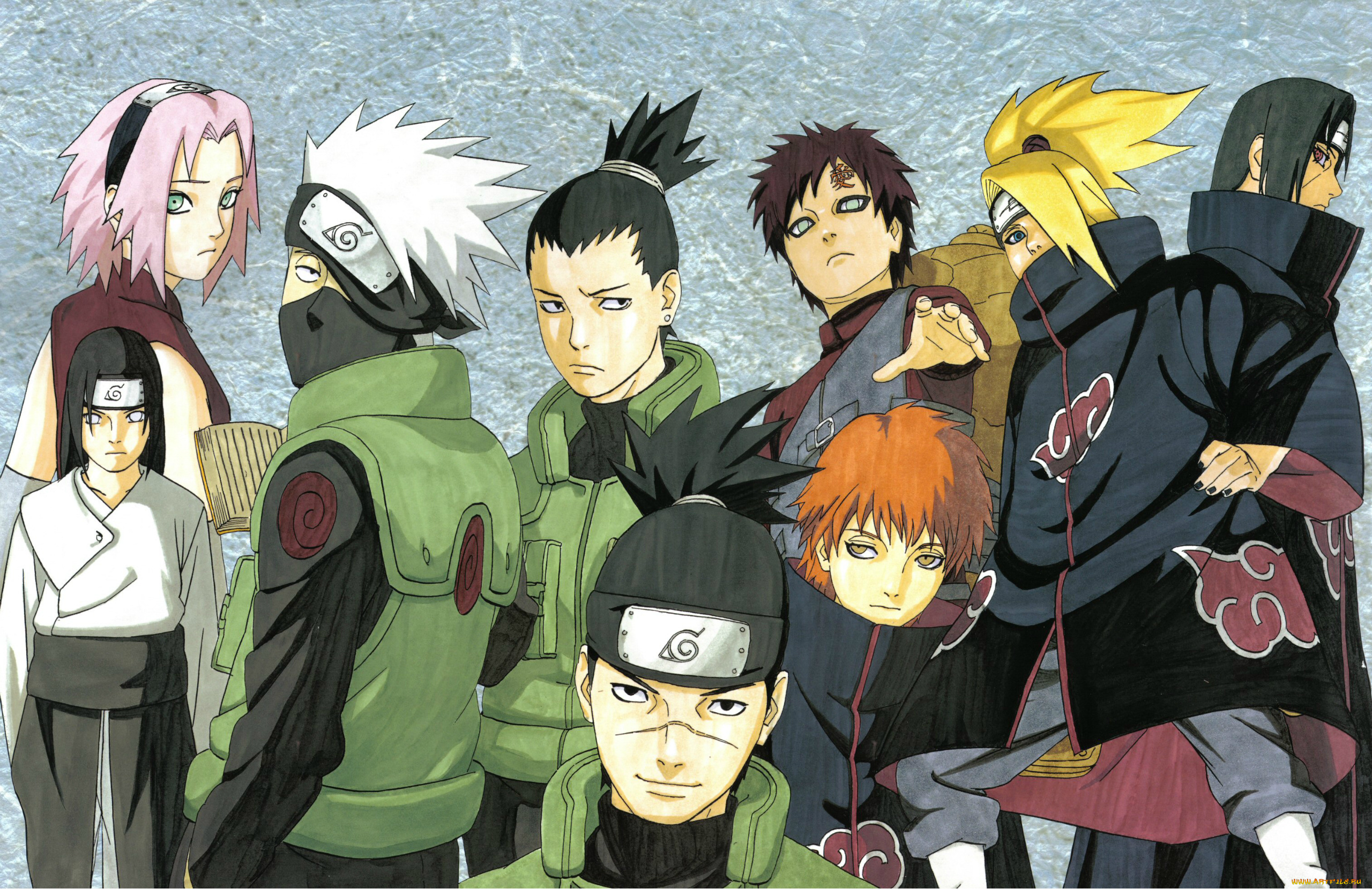 аниме, naruto, art, жест, akatsuki, deidara, itachi, uchiha, sasori, neji, hyuuga, shikamaru, gaara, sakura, взгляд, повязка, hatake, kakashi, шрам, iruka, umino, ninja, masashi, kishimoto