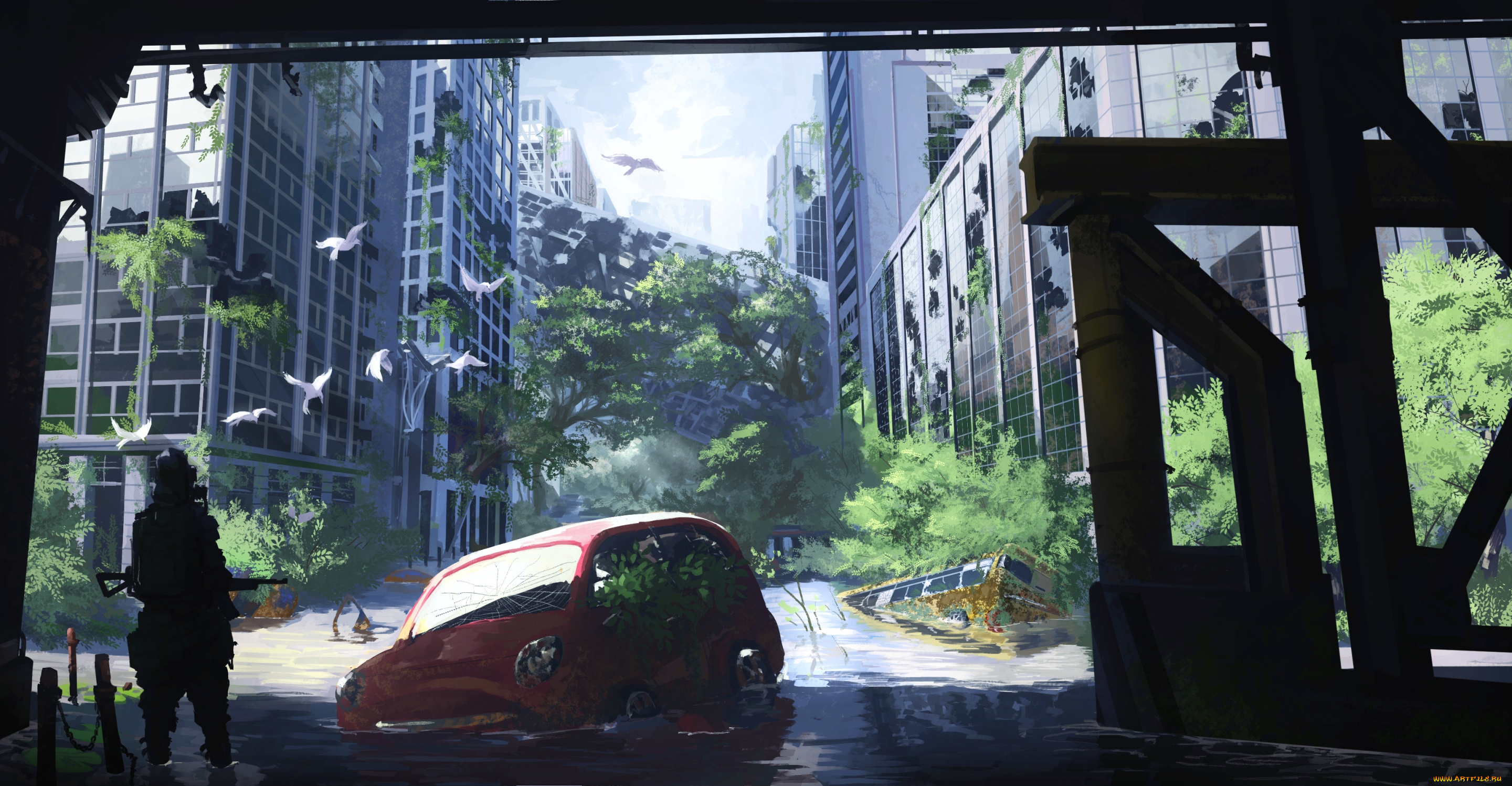 аниме, оружие, , техника, , технологии, руины, машина, арт, kaatoso, автобус, деревья, птицы, город, апокалипсис, человек