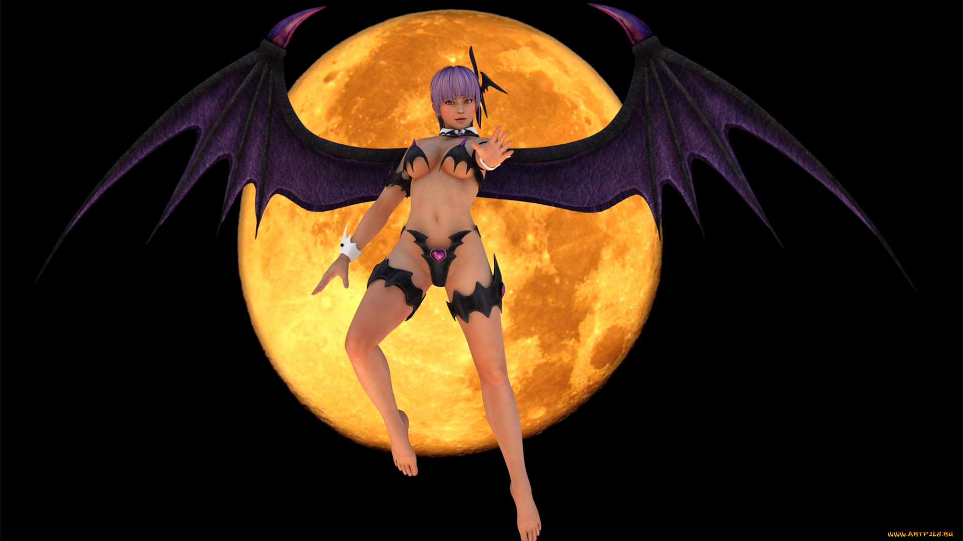 3д, графика, существа, , creatures, девушка, взгляд, фон, демон, луна