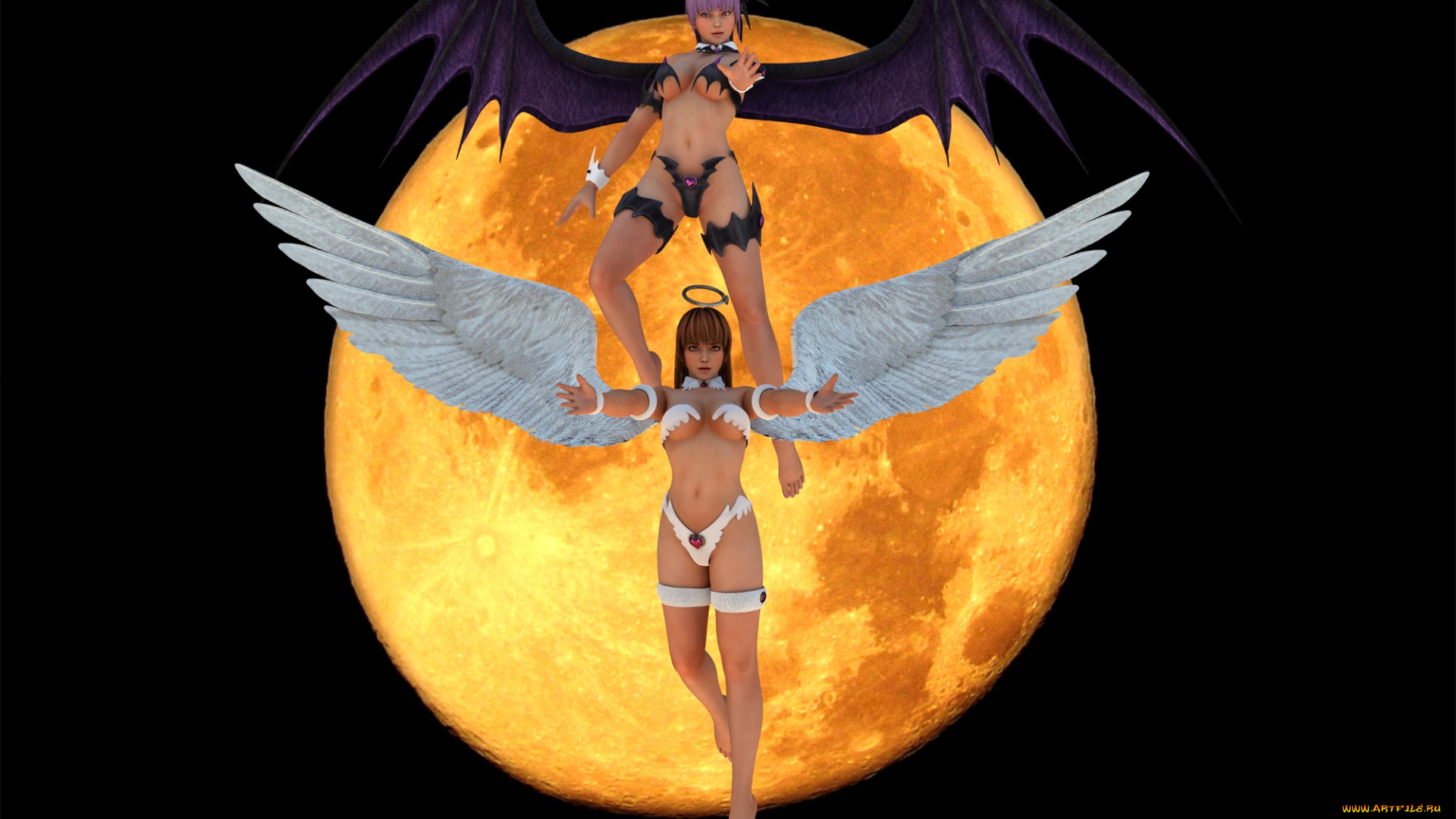 3д, графика, существа, , creatures, девушки, взгляд, фон, демон, ангел, луна