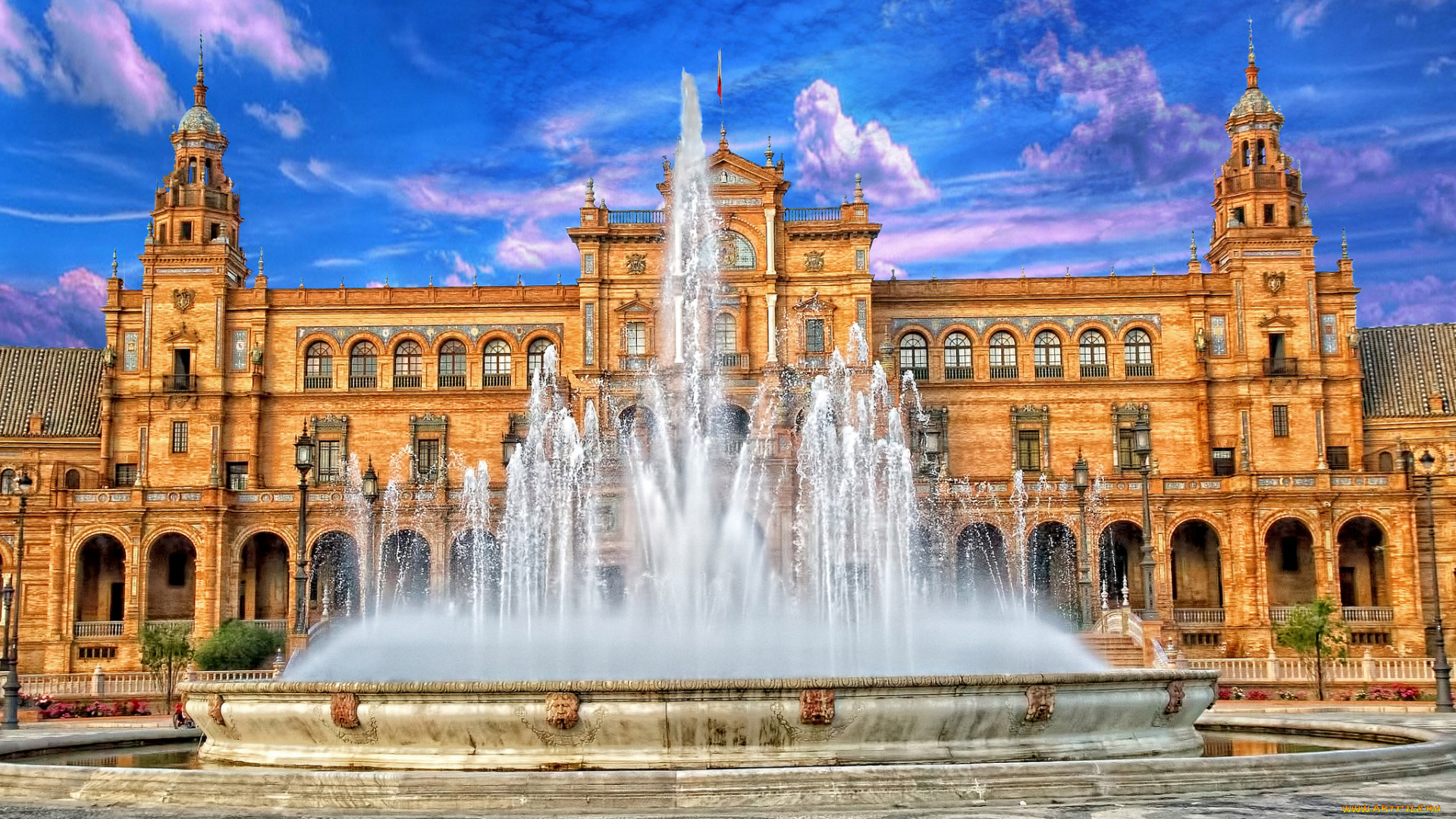 города, -, фонтаны, испания, фонтан, севилья, небо, дворец