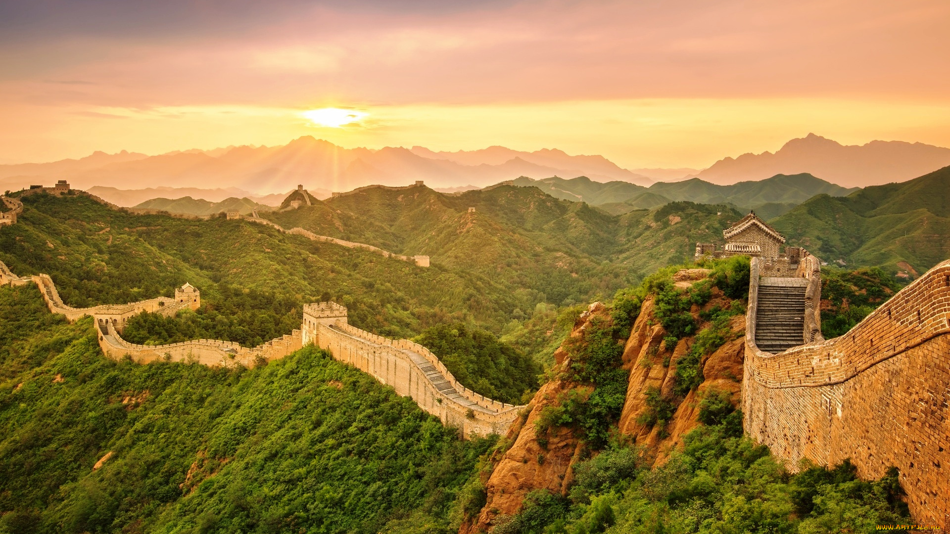 города, -, исторические, , архитектурные, памятники, горы, солнце, облака, деревья, китай, стена