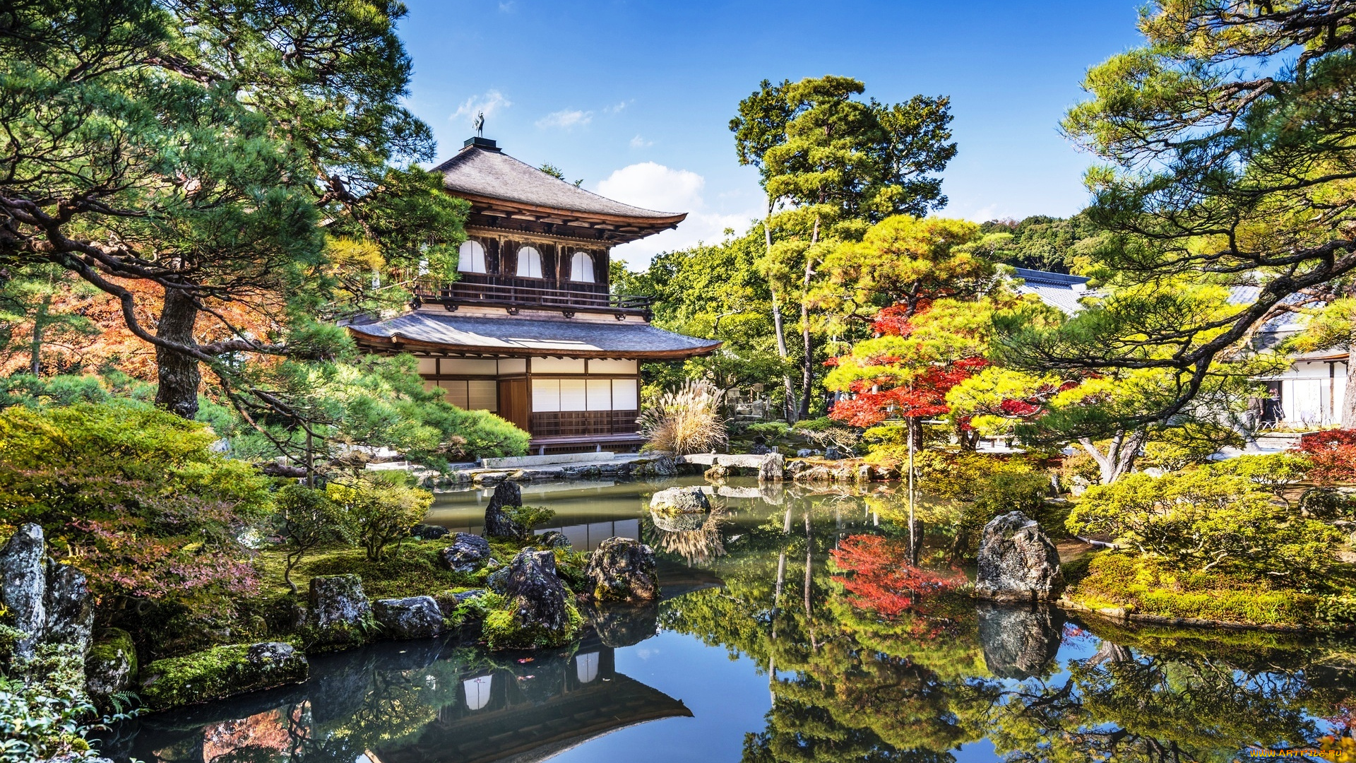 города, киото, , Япония, деревья, дом, камни, парк, озеро, киото