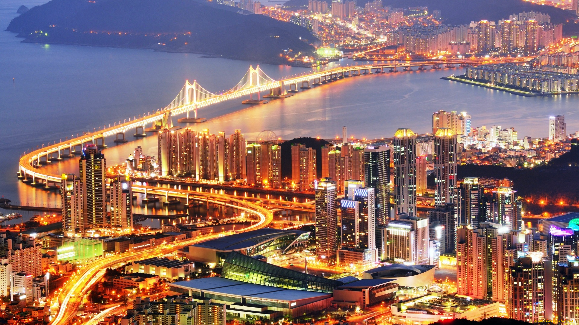 пусан, , корея, города, -, огни, ночного, города, мост, берега, небоскребы, огни, панорама, река, город