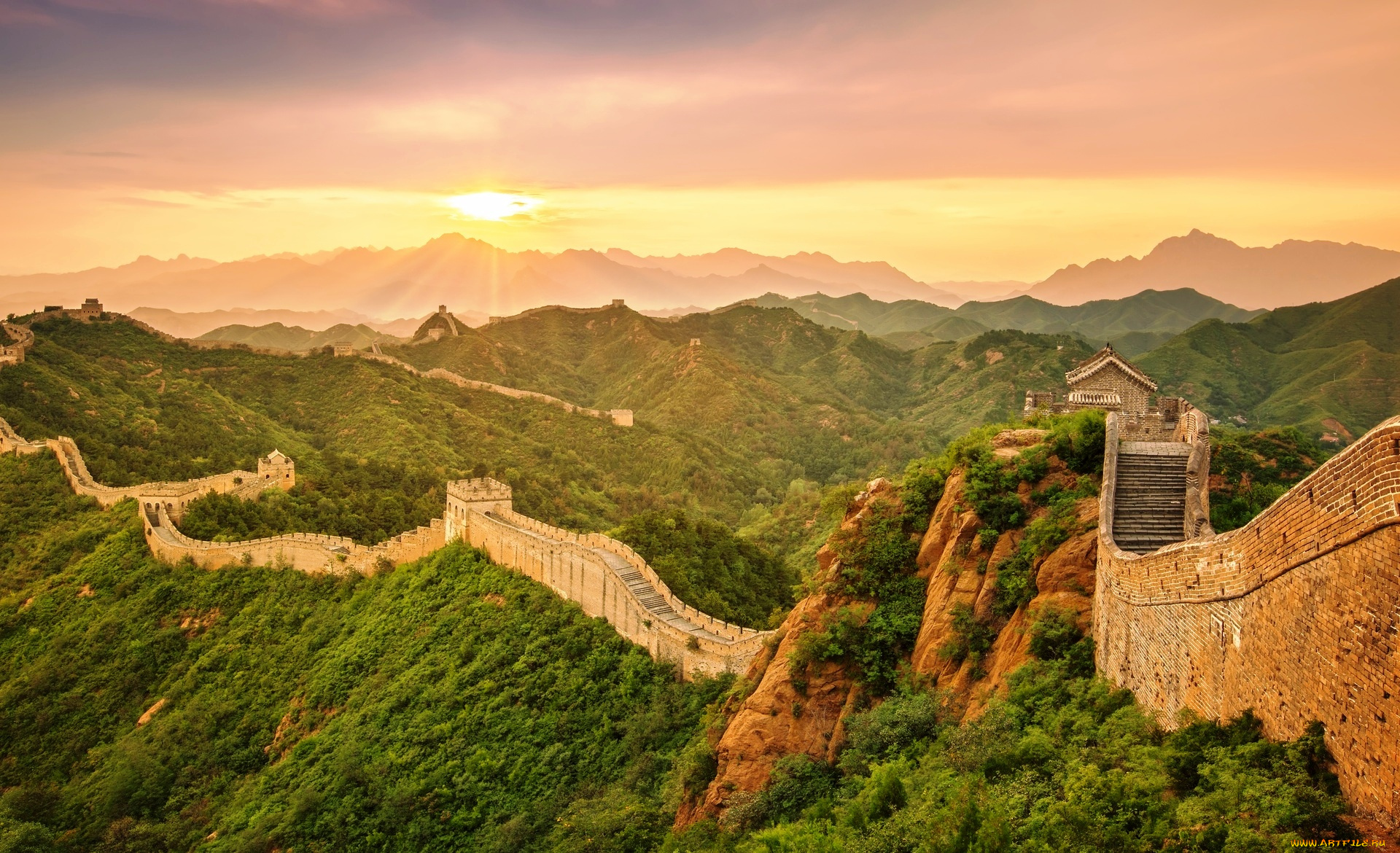 города, -, исторические, , архитектурные, памятники, горы, солнце, облака, деревья, китай, стена