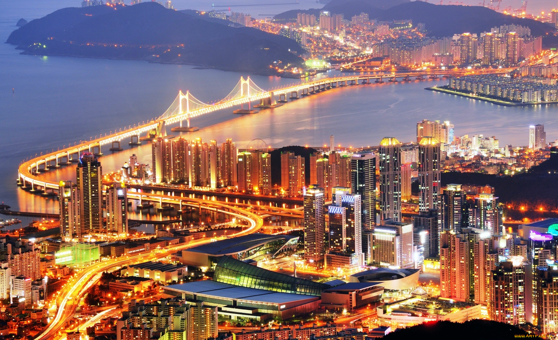 пусан, , корея, города, -, огни, ночного, города, мост, берега, небоскребы, огни, панорама, река, город