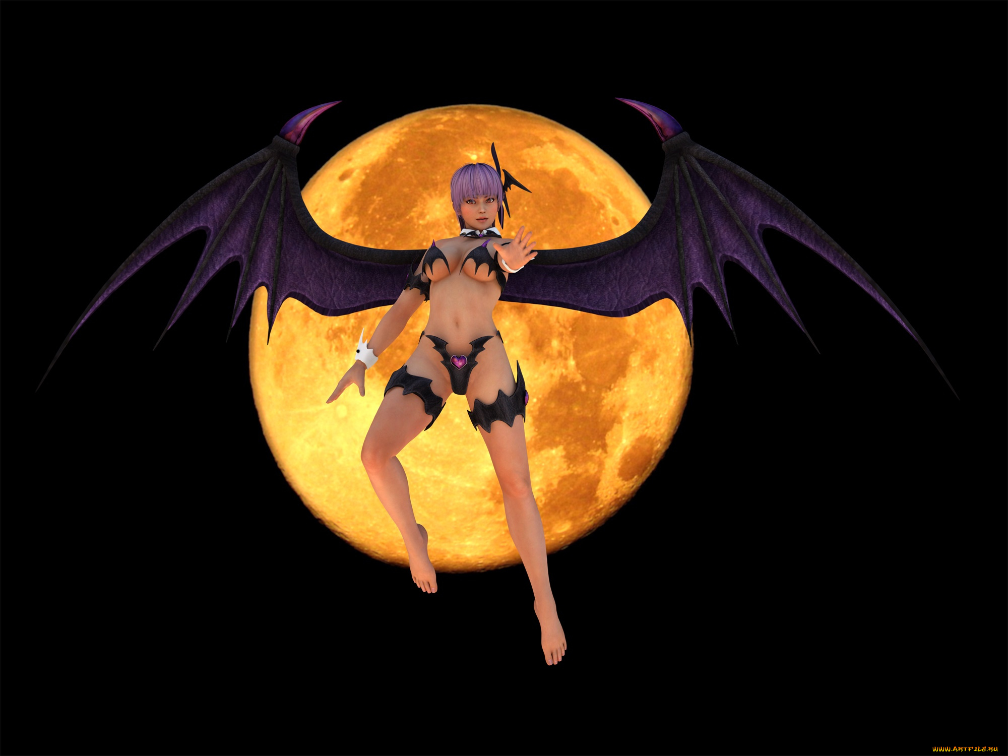 3д, графика, существа, , creatures, девушка, взгляд, фон, демон, луна