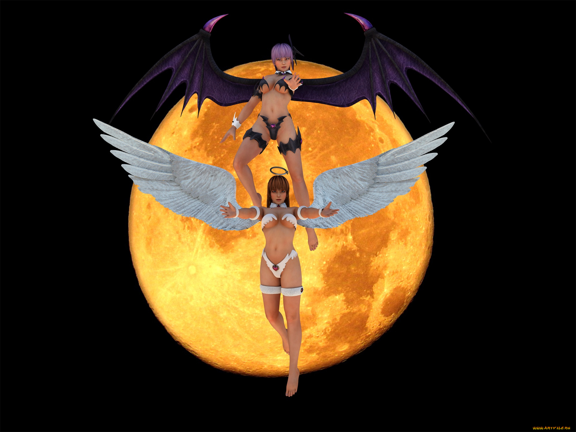 3д, графика, существа, , creatures, девушки, взгляд, фон, демон, ангел, луна