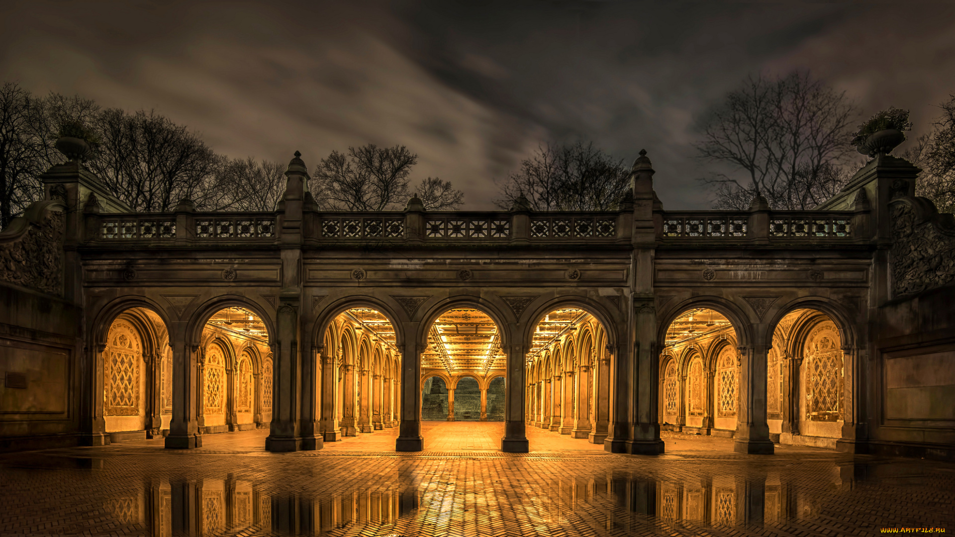 bethesda, terrace-central, park, города, нью-йорк, , сша, огни, ночь