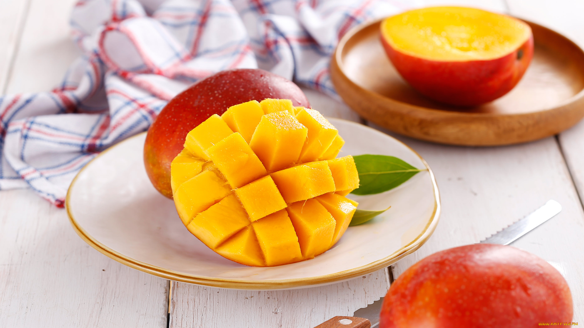 еда, манго, нож, салфетка