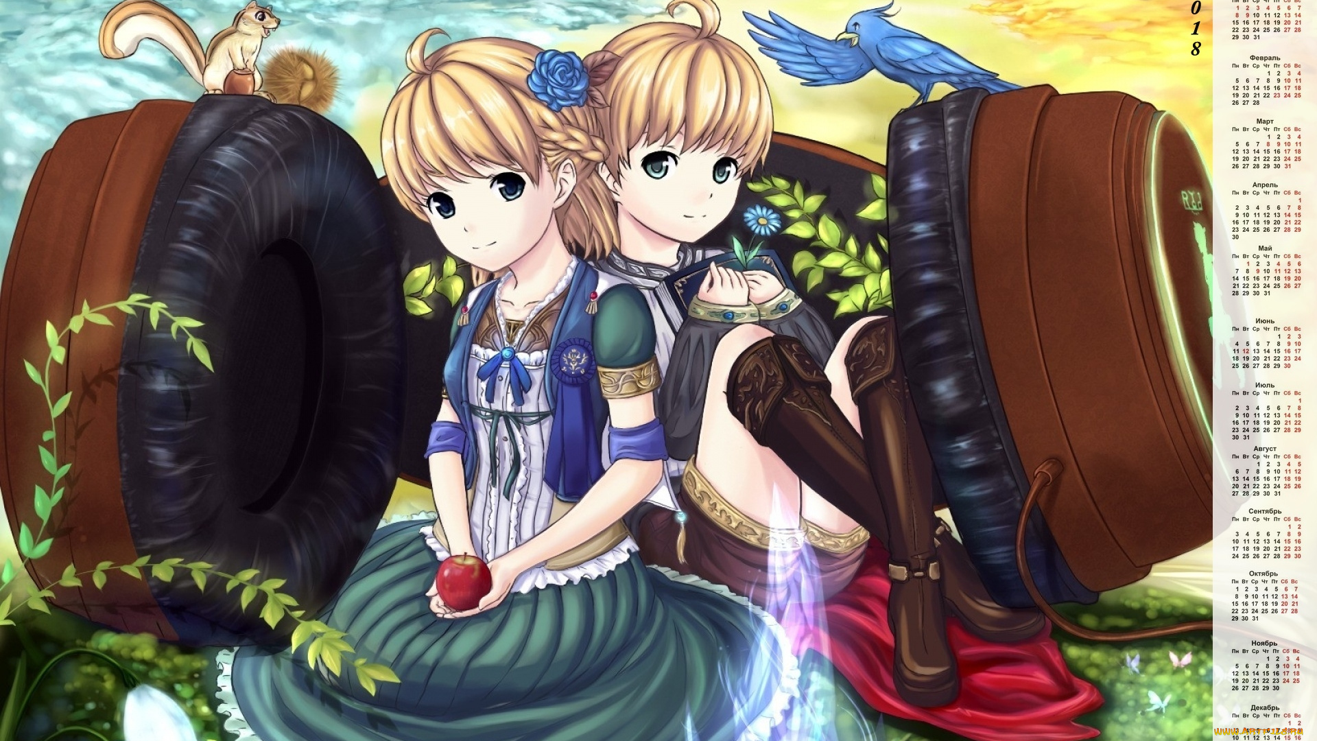 календари, аниме, наушники, цветы, птица, двое, девочка