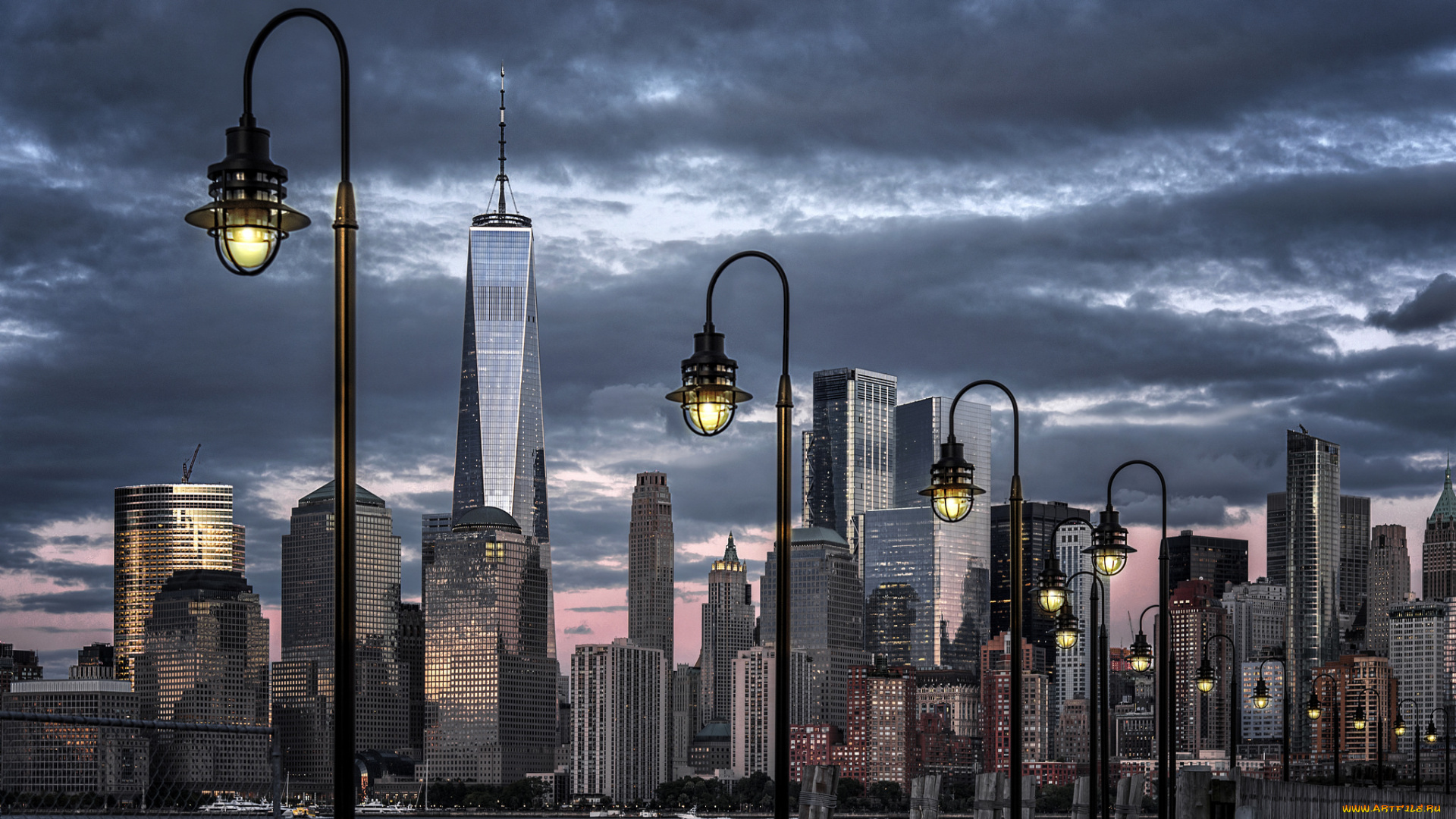 liberty, park, города, нью-йорк, , сша, ночь, фонари, парк