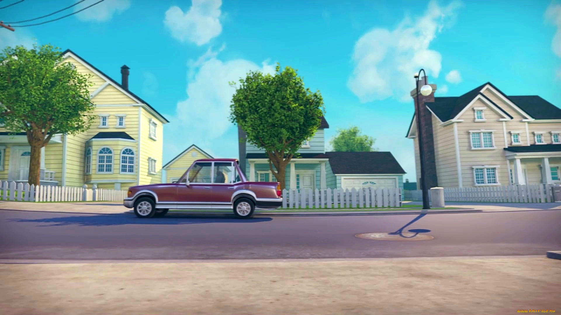 рисованное, города, дерево, дорога, дом, фонарь, машина