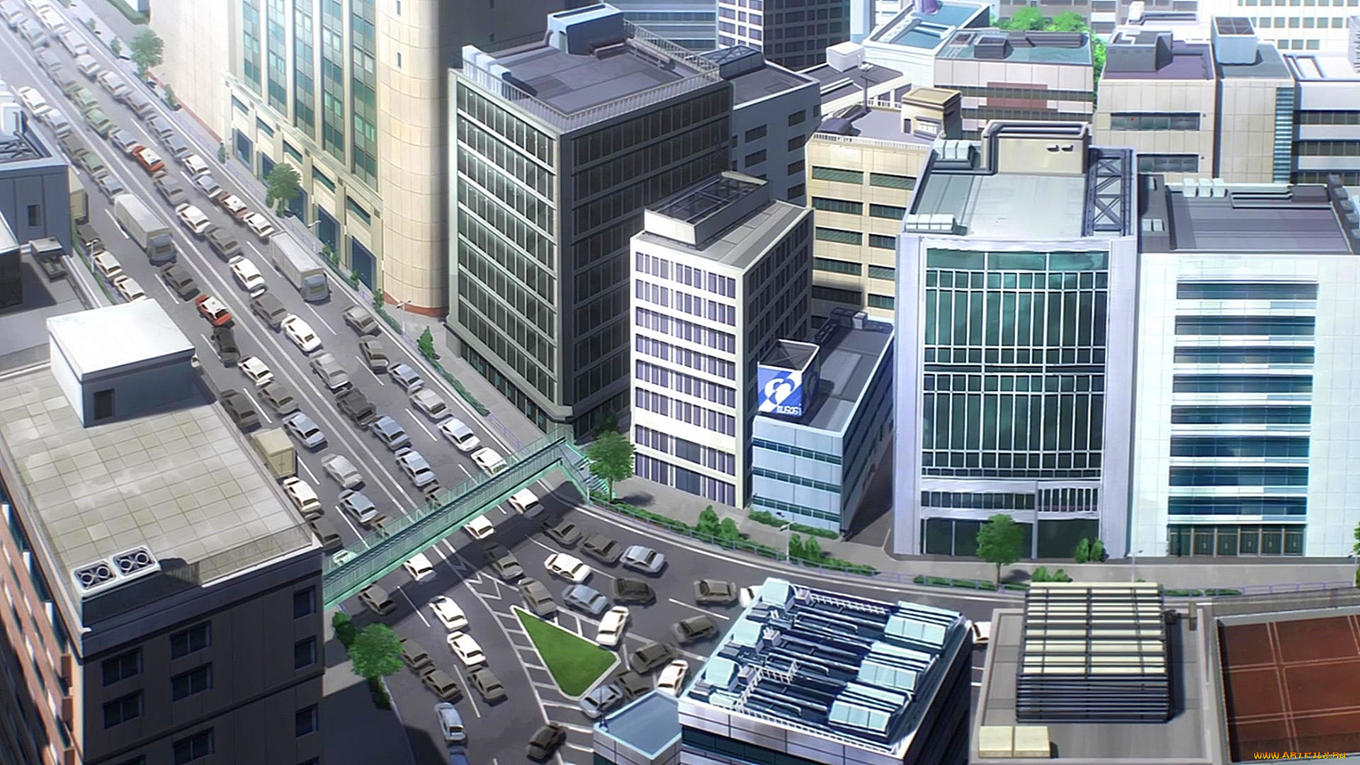 рисованное, города, шоссе, дорога, здание, машина, небоскреб