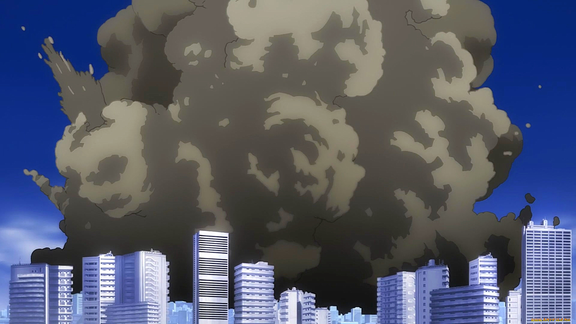 рисованное, города, взрыв, здание, небоскреб