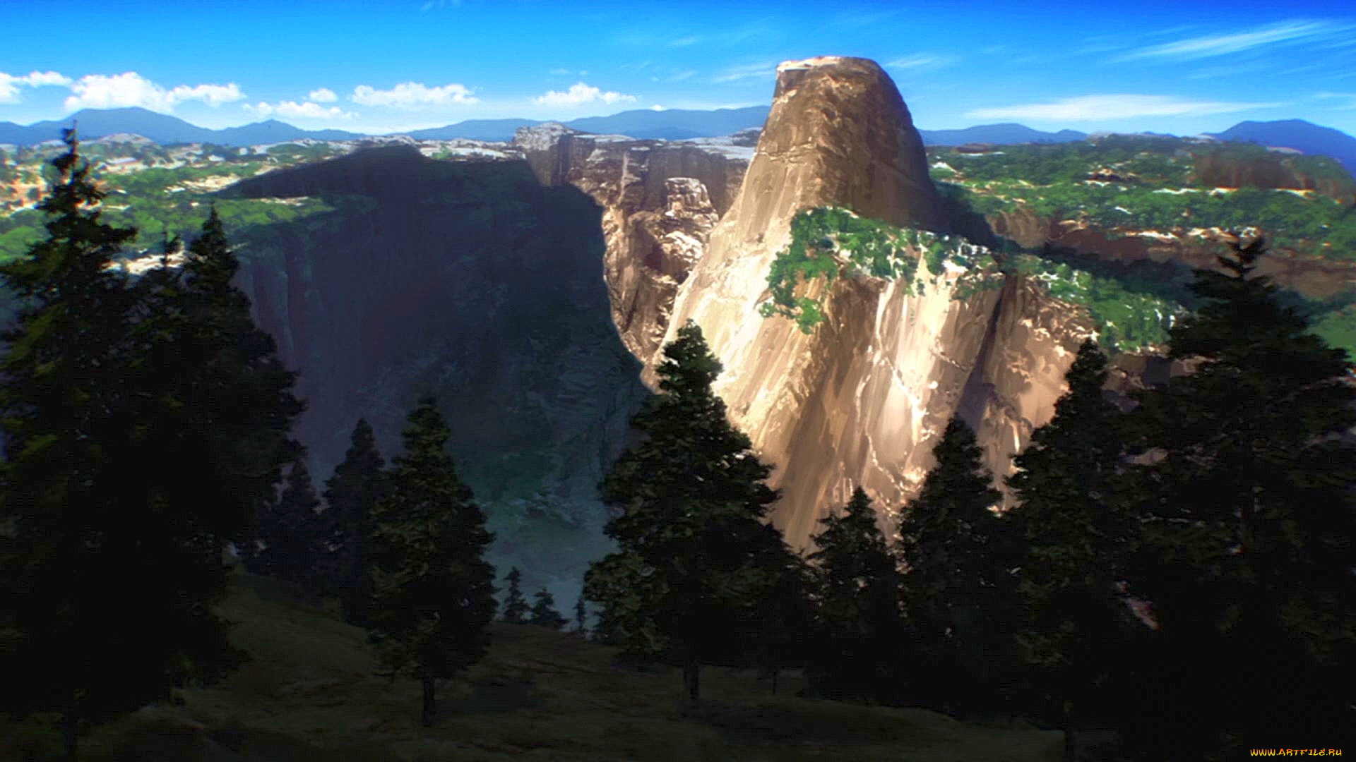 рисованное, природа, деревья, гора