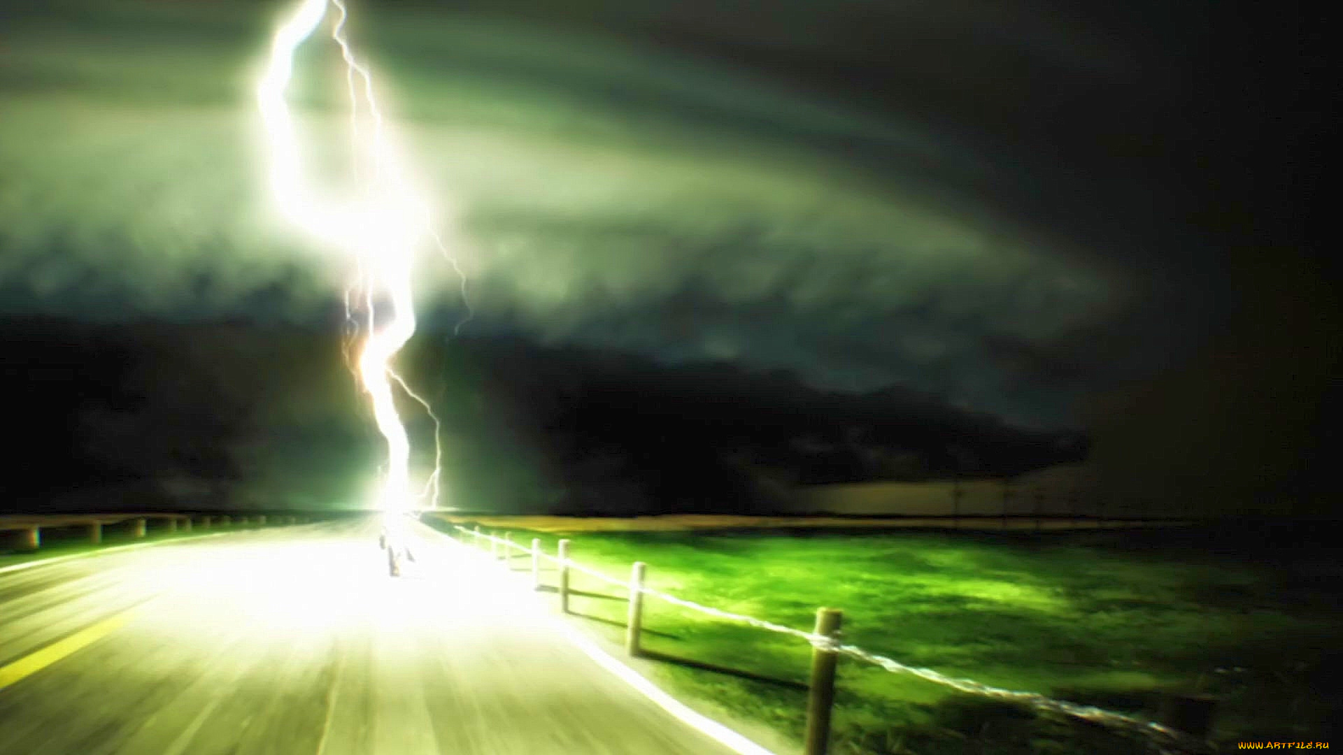 рисованное, природа, молния, дорога, ограждение