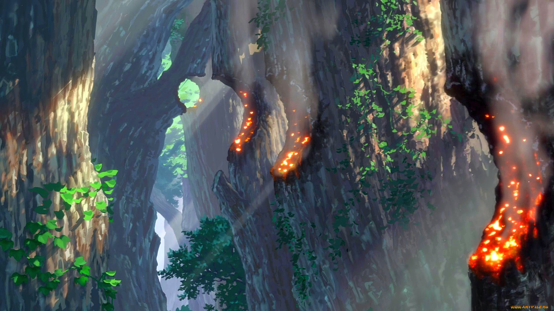 рисованное, природа, растения, огонь