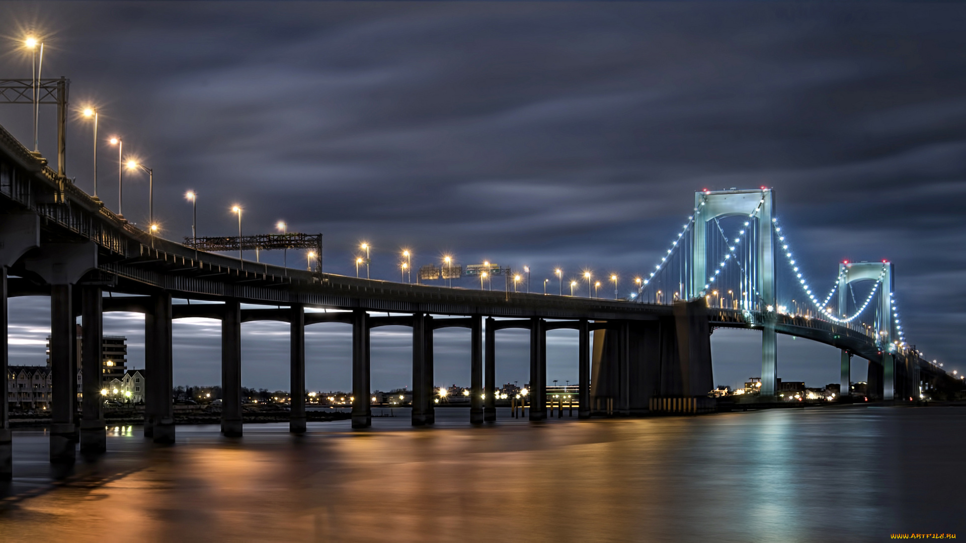 throgs, neck, bridge, города, -, мосты, мост, огни, ночь