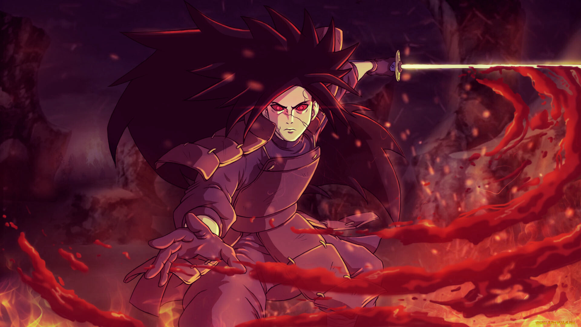 аниме, naruto, учиха, мадара, меч, бой