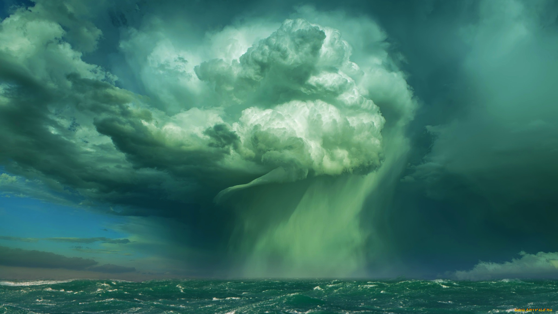 природа, стихия, смерч, шторм, волна, буря, брызги, мощь, ураган, непогода, ветер, сила, океан, море, вода, облака, тучи, бирюза