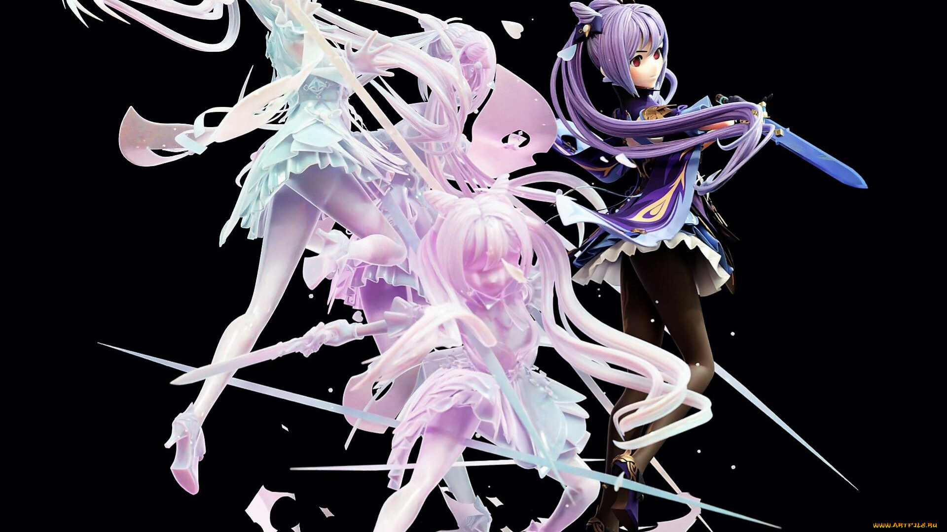 аниме, genshin, impact, девушка, меч, движение