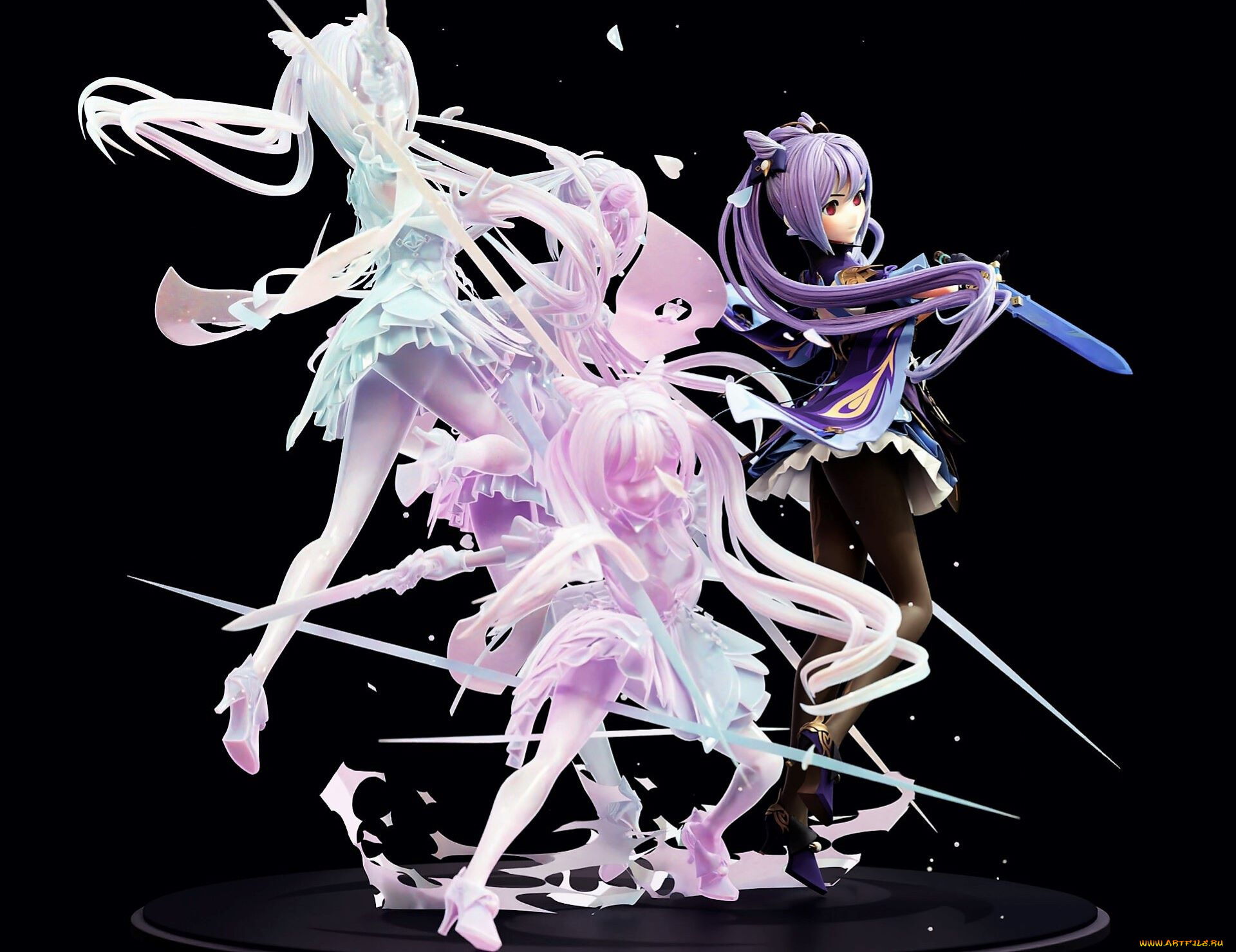 аниме, genshin, impact, девушка, меч, движение