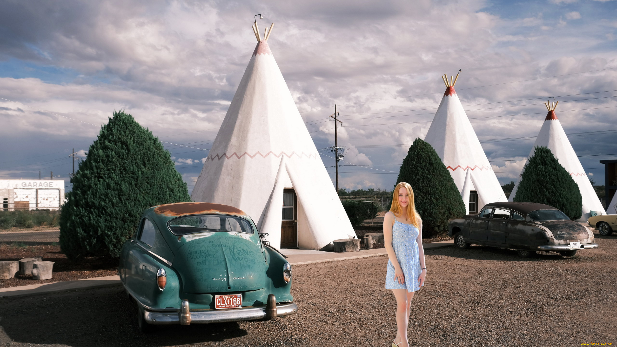 девушки, -, рыжеволосые, и, разноцветные, мотель, вигвамы, рыженькая, старинные, авто