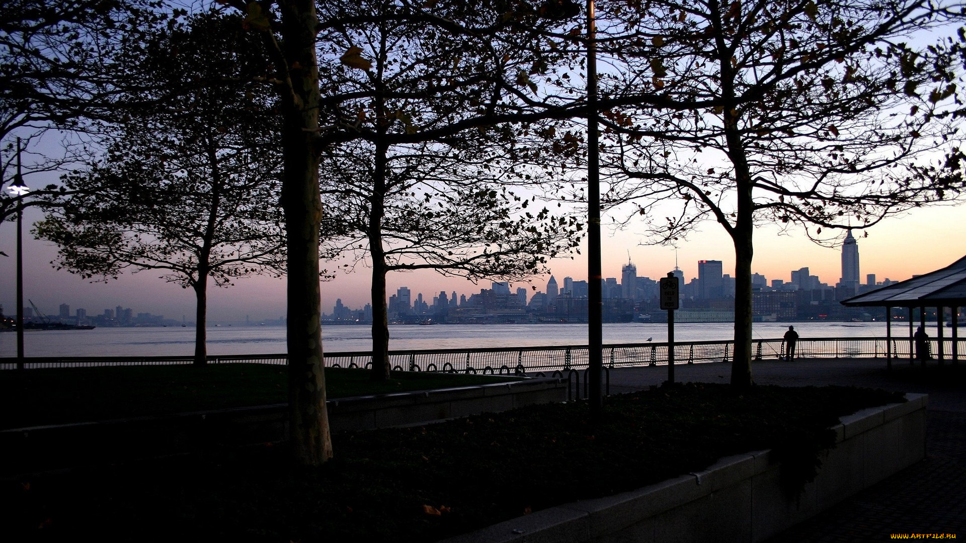 города, нью-йорк, , сша, деревья, набережная, дома, озеро
