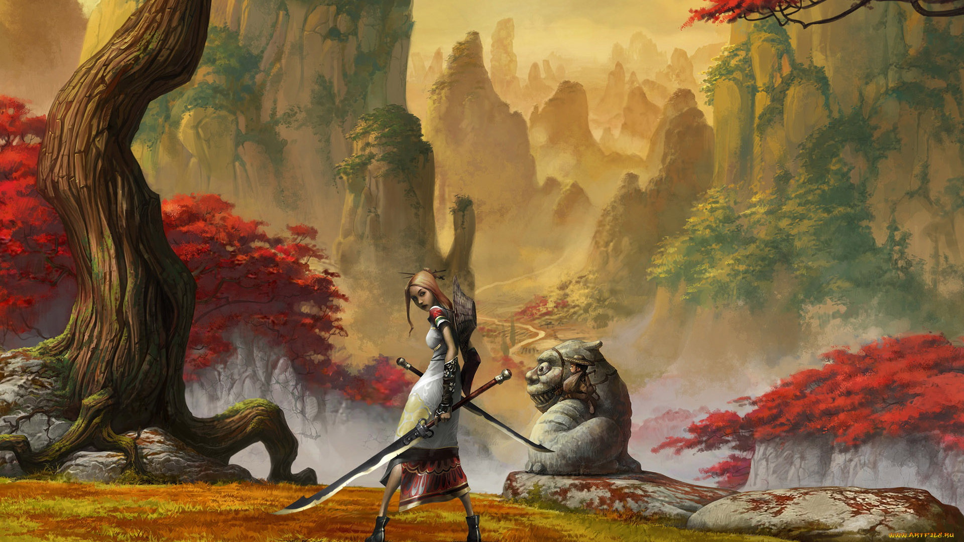 project, e, st, видео, игры, ---другое, девушка, мечи, ребенок, статуя, деревья