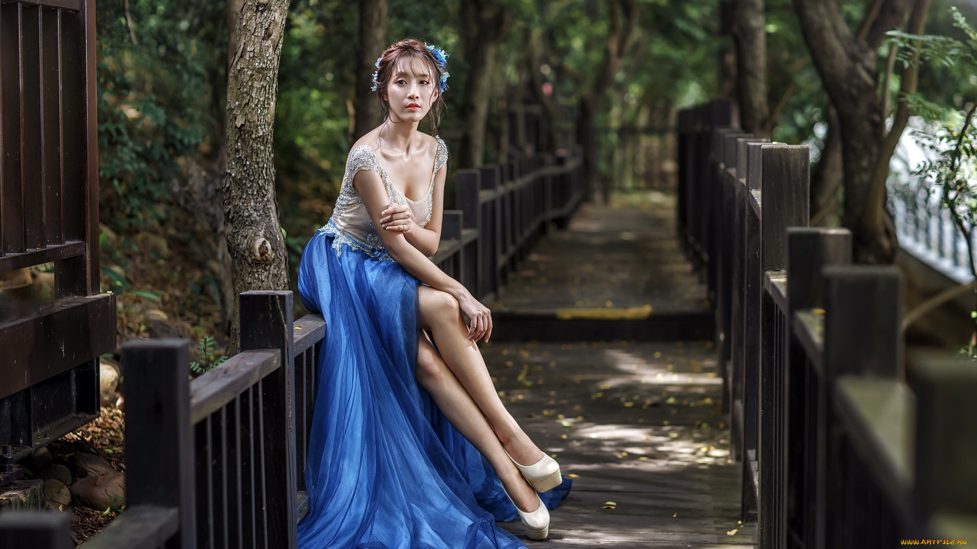 девушки, -, азиатки, женщины, на, улице, азиатки, модель, ножки, ноги, вместе, платье, голубое