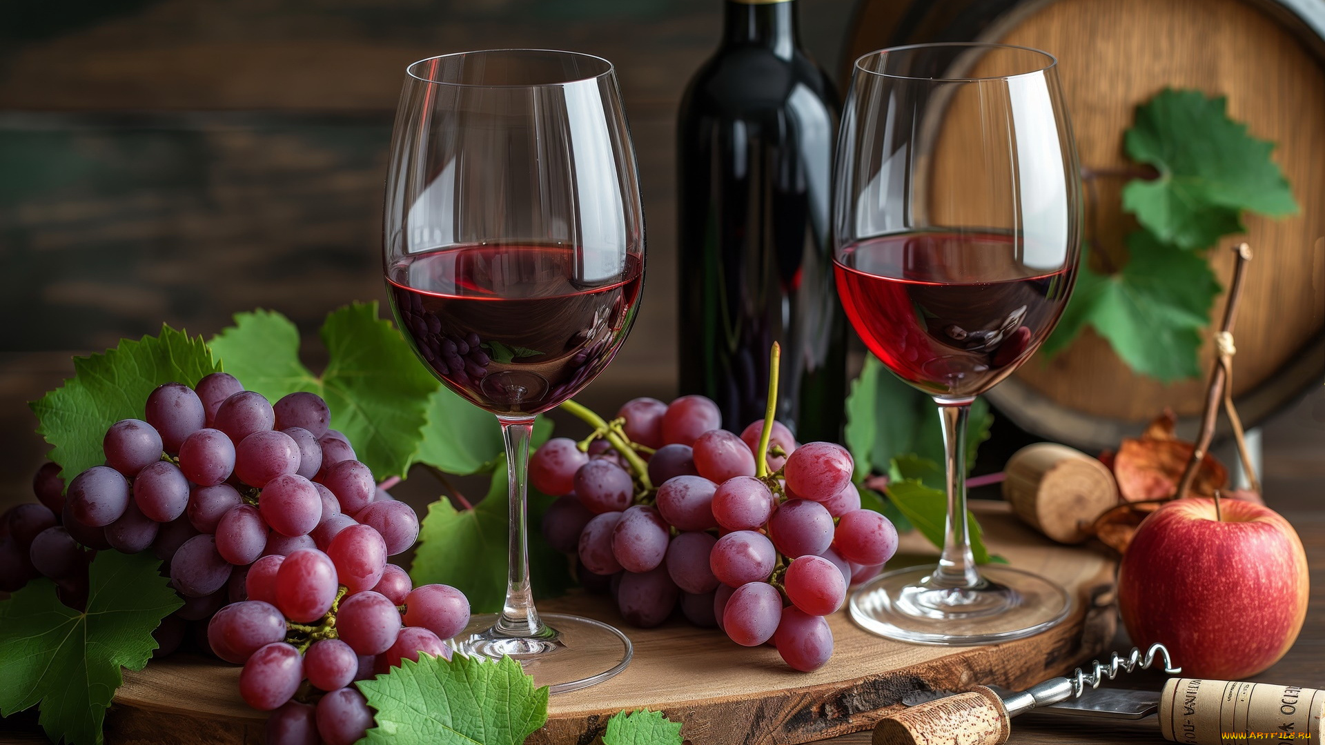 3д, графика, еда-, food, бочка, штопор, бутылка, виноград, бокалы, вино