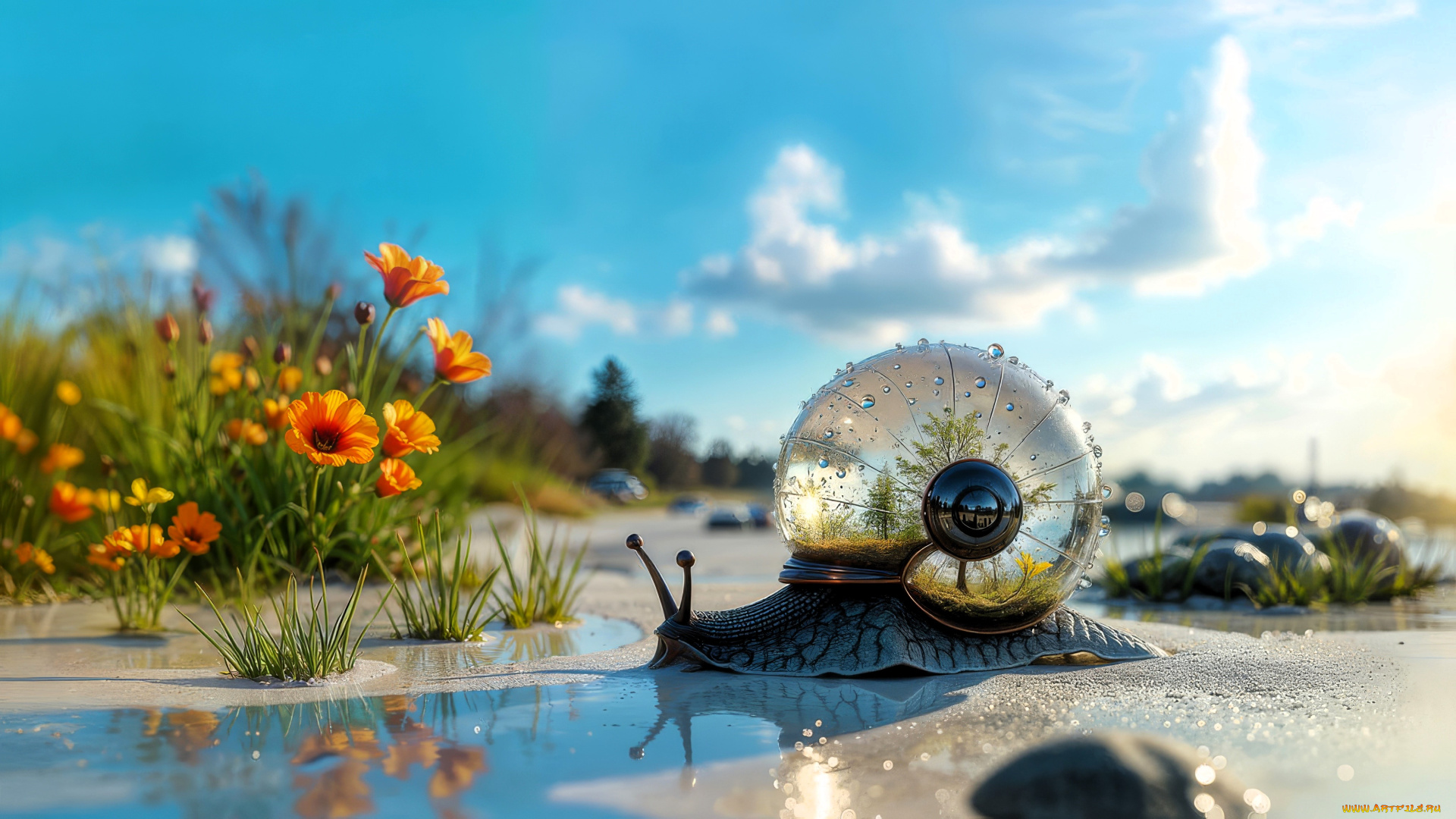 3д, графика, животные, , animals, улитка, лужа, цветы