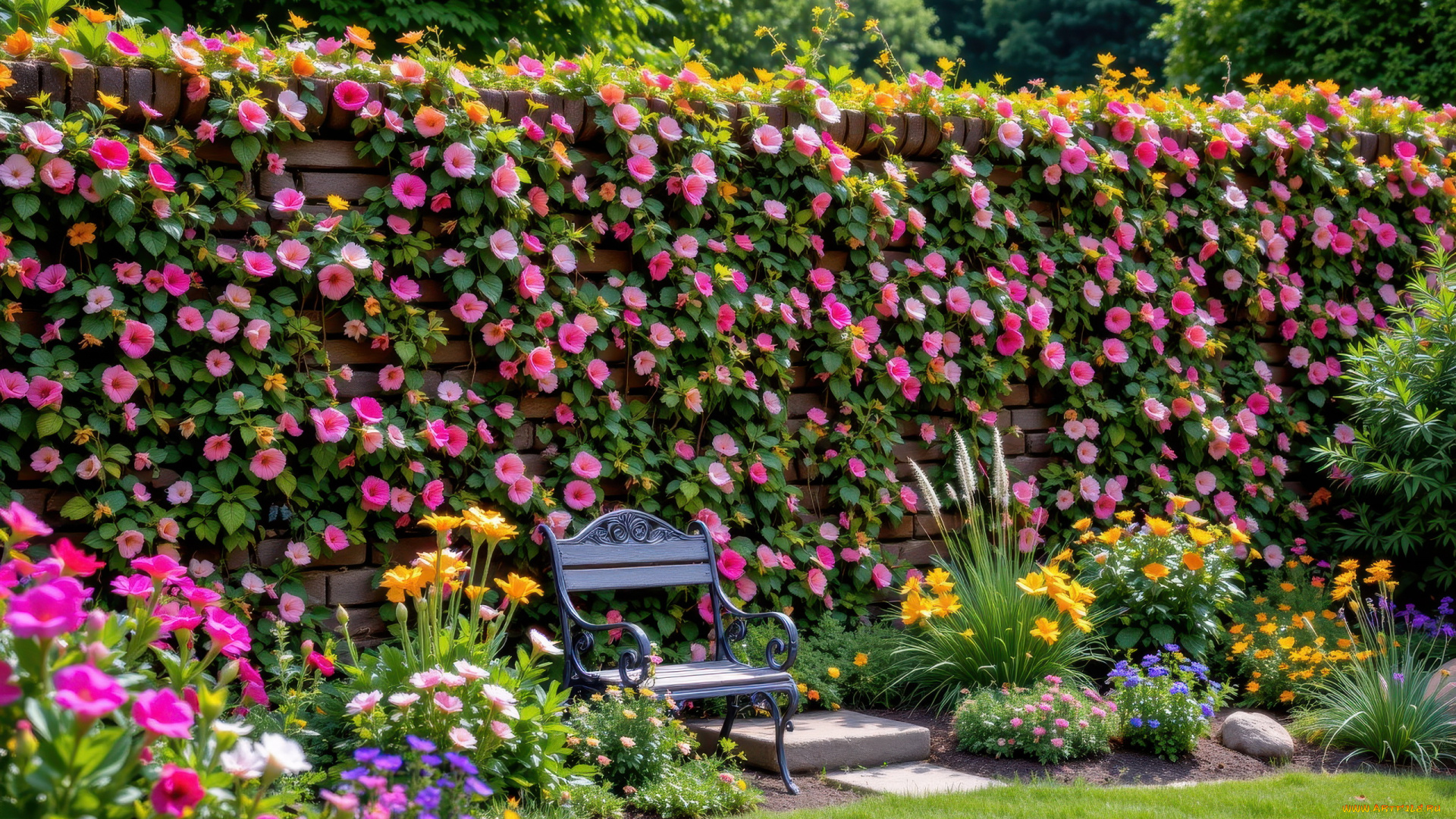 автор, wp, stl, 3д, графика, природа, , nature, парк, цветы, скамейка