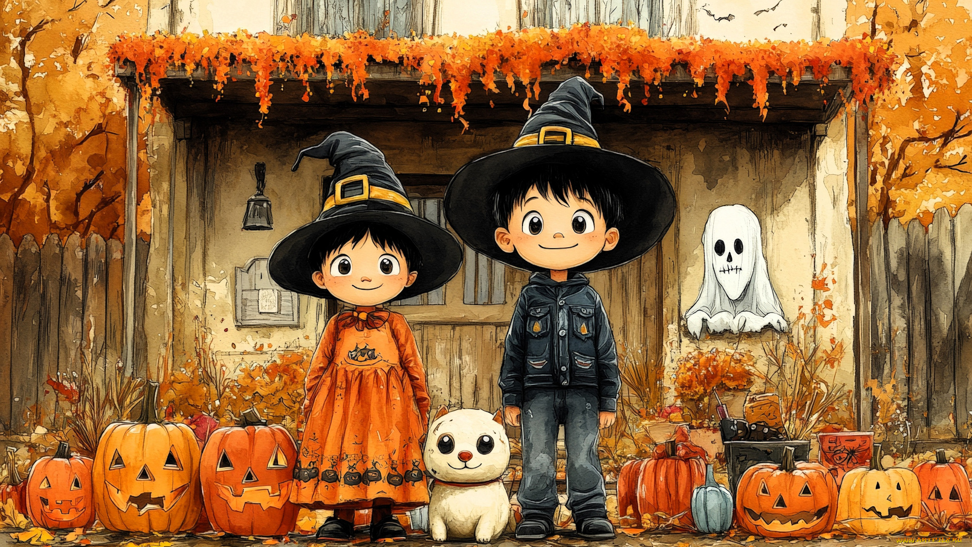 праздничные, хэллоуин, дом, дети, костюмы, осень, собака, тыквы