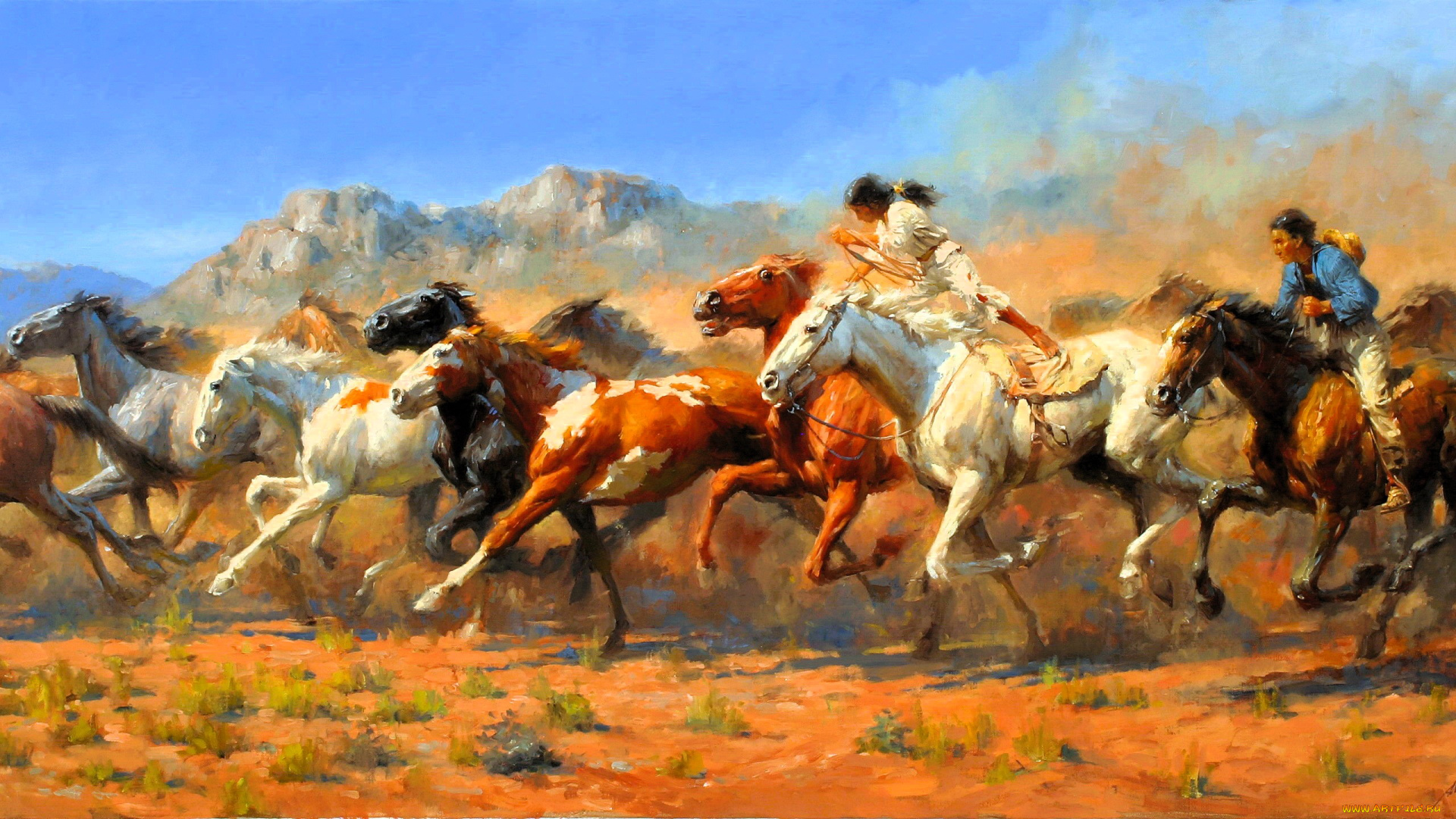 рисованное, andy, thomas, табун, лошади, мустанги, всадники, горы, прерии