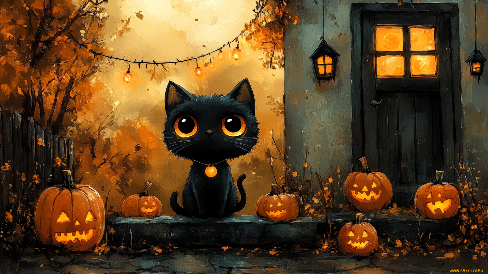 рисованное, праздники, котенок, дом, хэллоуин, осень, деревья, тыквы, забор, фонари, гирлянда