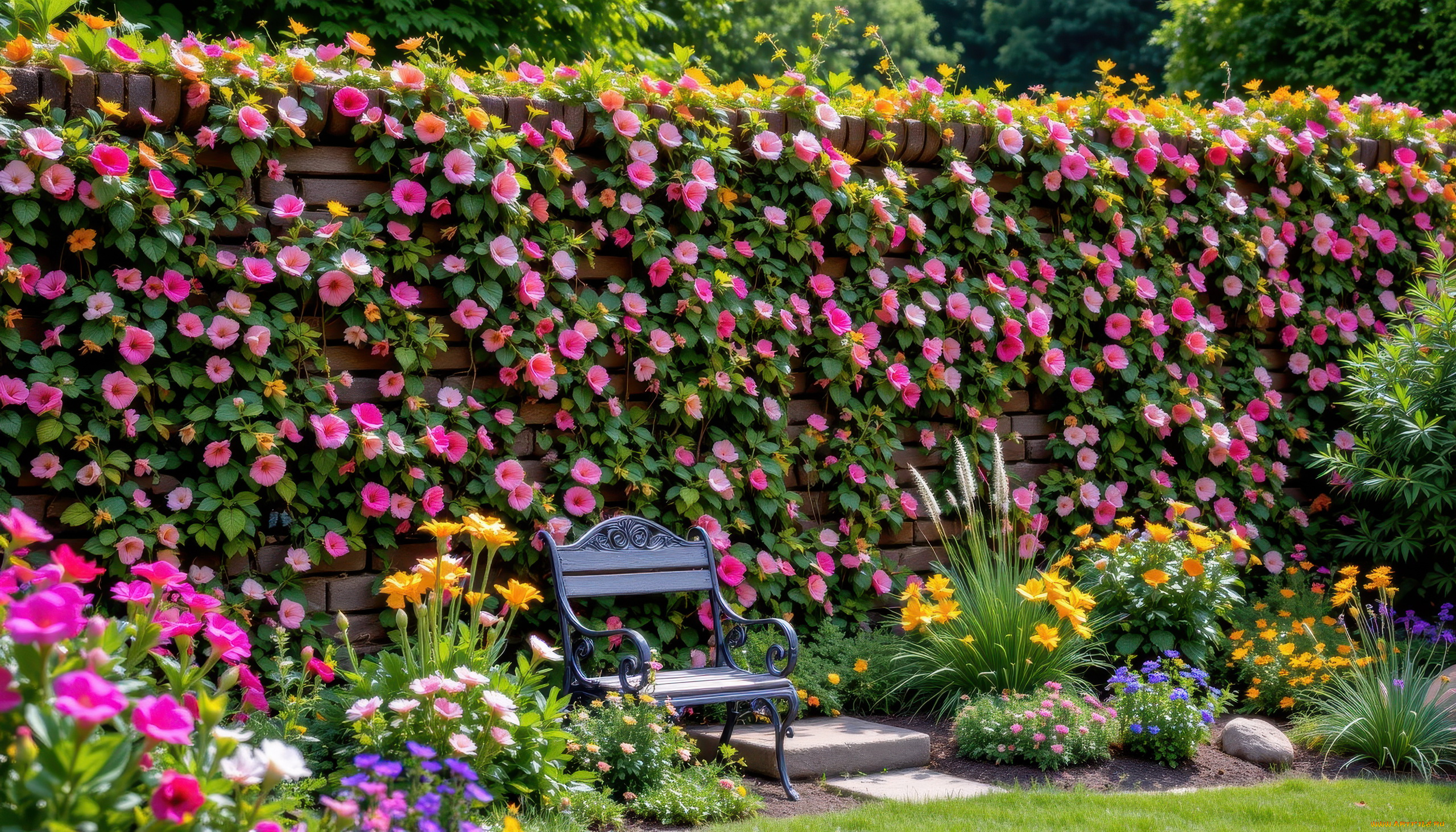 автор, wp, stl, 3д, графика, природа, , nature, парк, цветы, скамейка