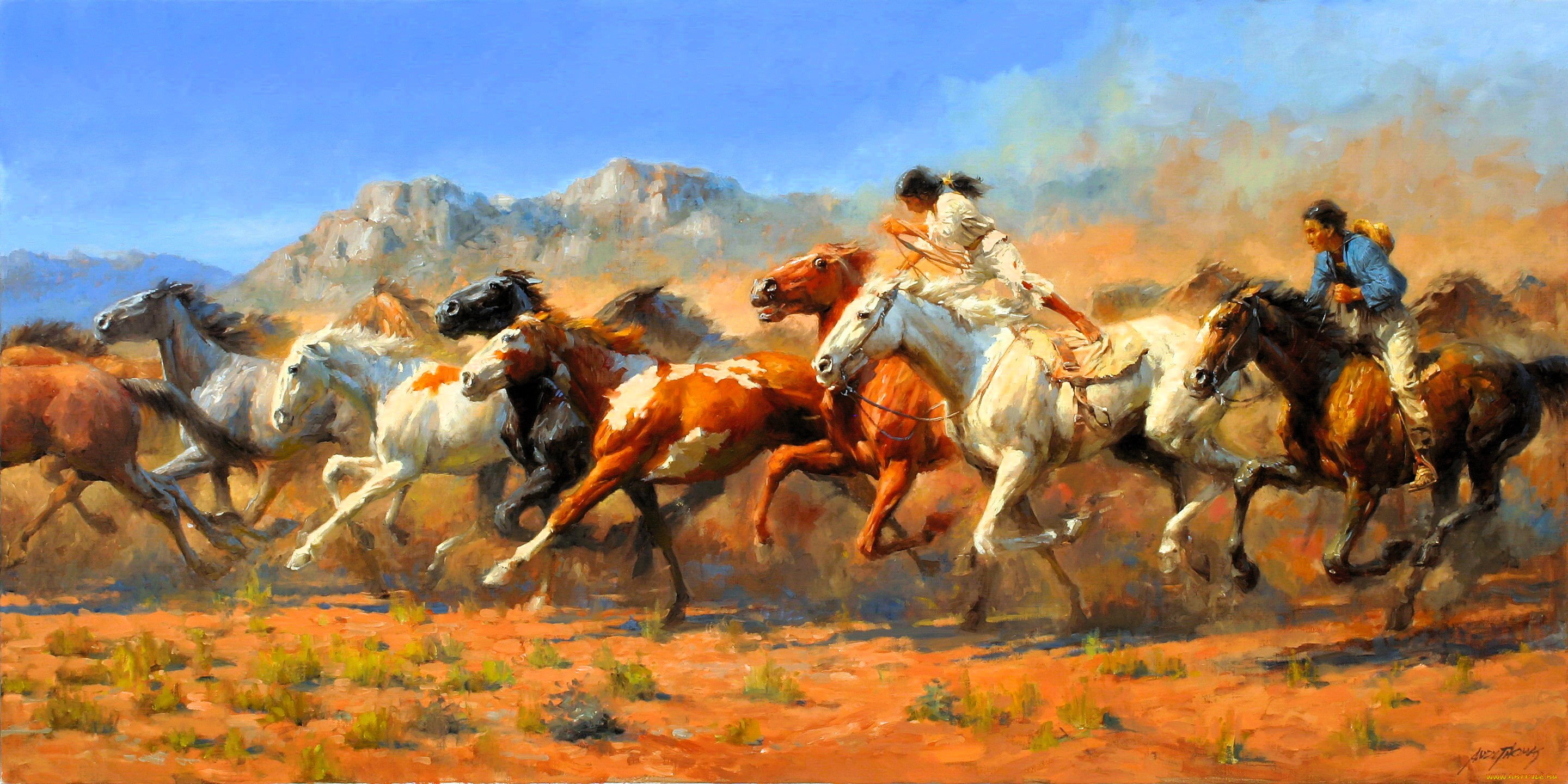 рисованное, andy, thomas, табун, лошади, мустанги, всадники, горы, прерии