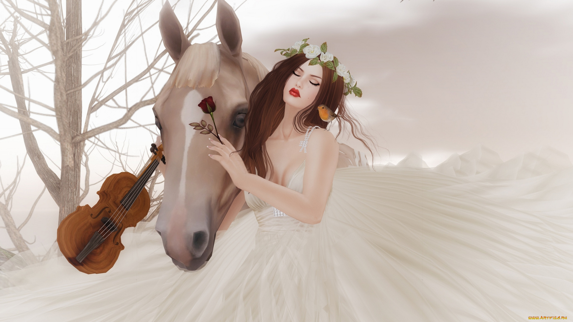 3д, графика, people, люди, лошадь, девушка, скрипка, венок, роза, малиновка