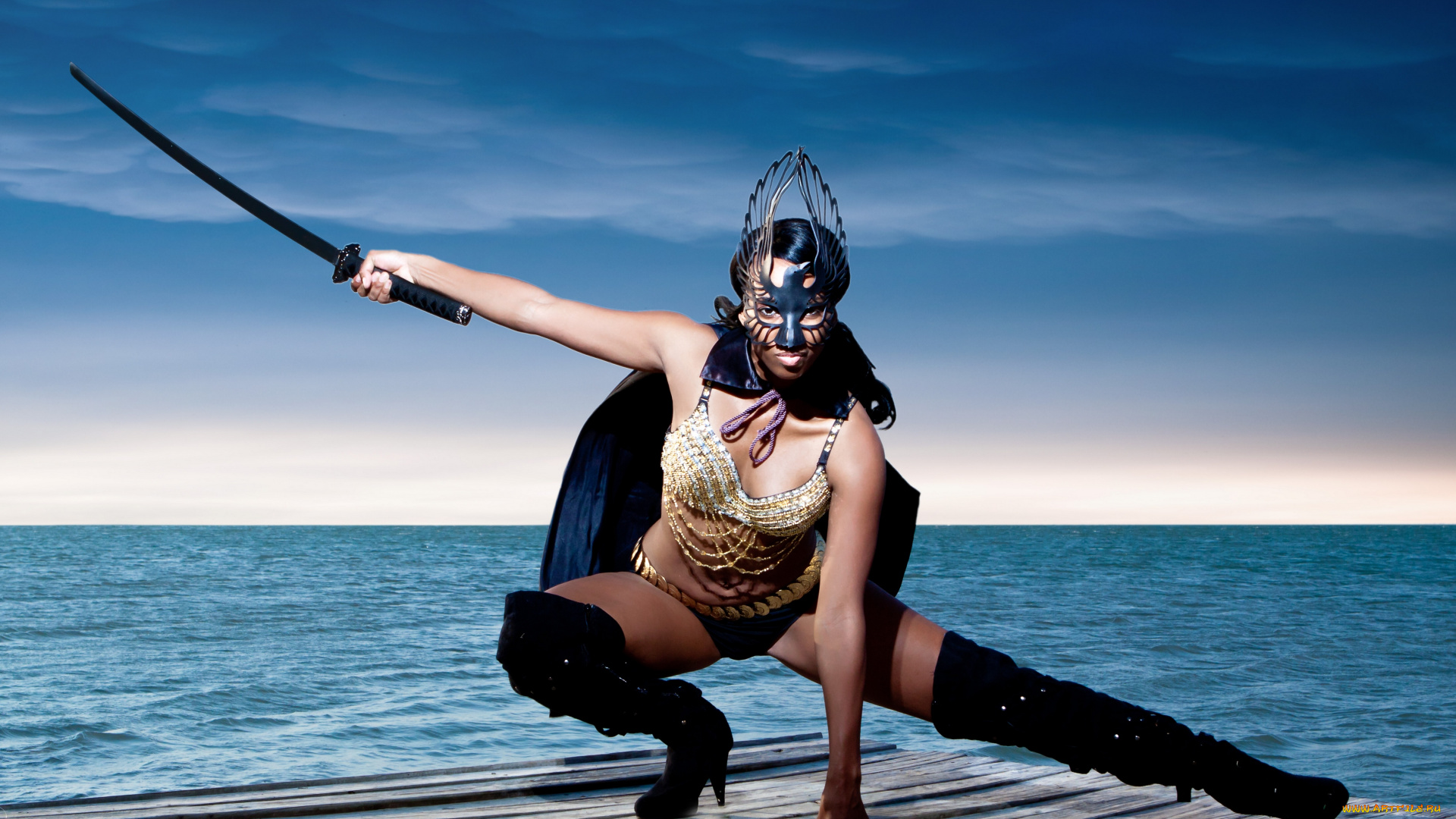 Danie, Pearl, девушки, меч, море, cierra, сапоги, маска, катана