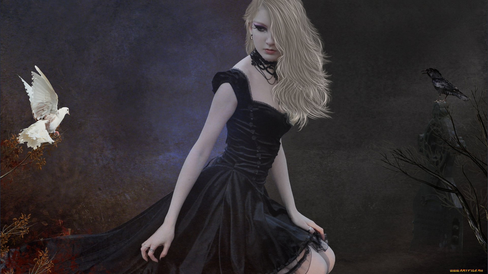 фэнтези, девушки, блондинка, сомнение, голубь, ворон