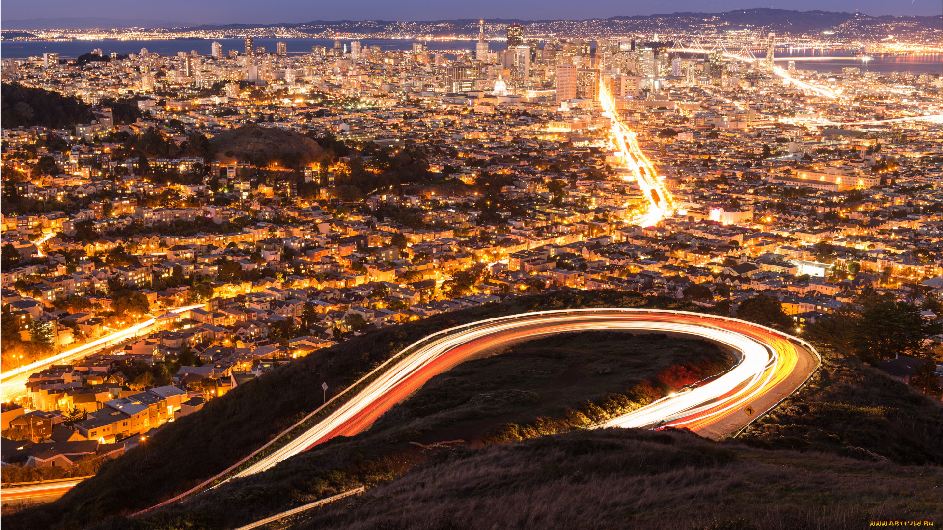 города, сан, франциско, сша, огни, ночной, город