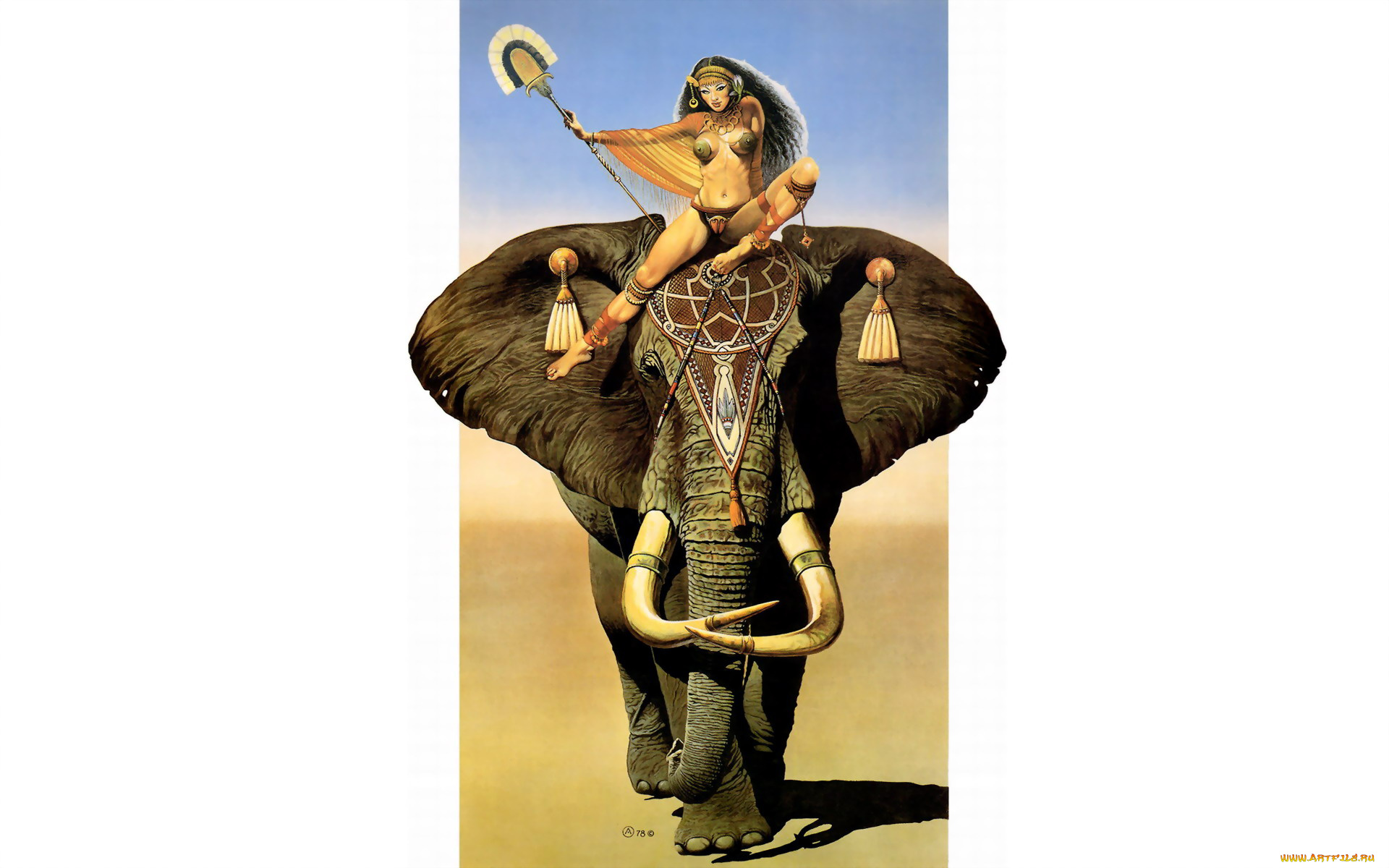 elephant, walk, рисованные, chris, achilleos, слон, погонщица, опахало