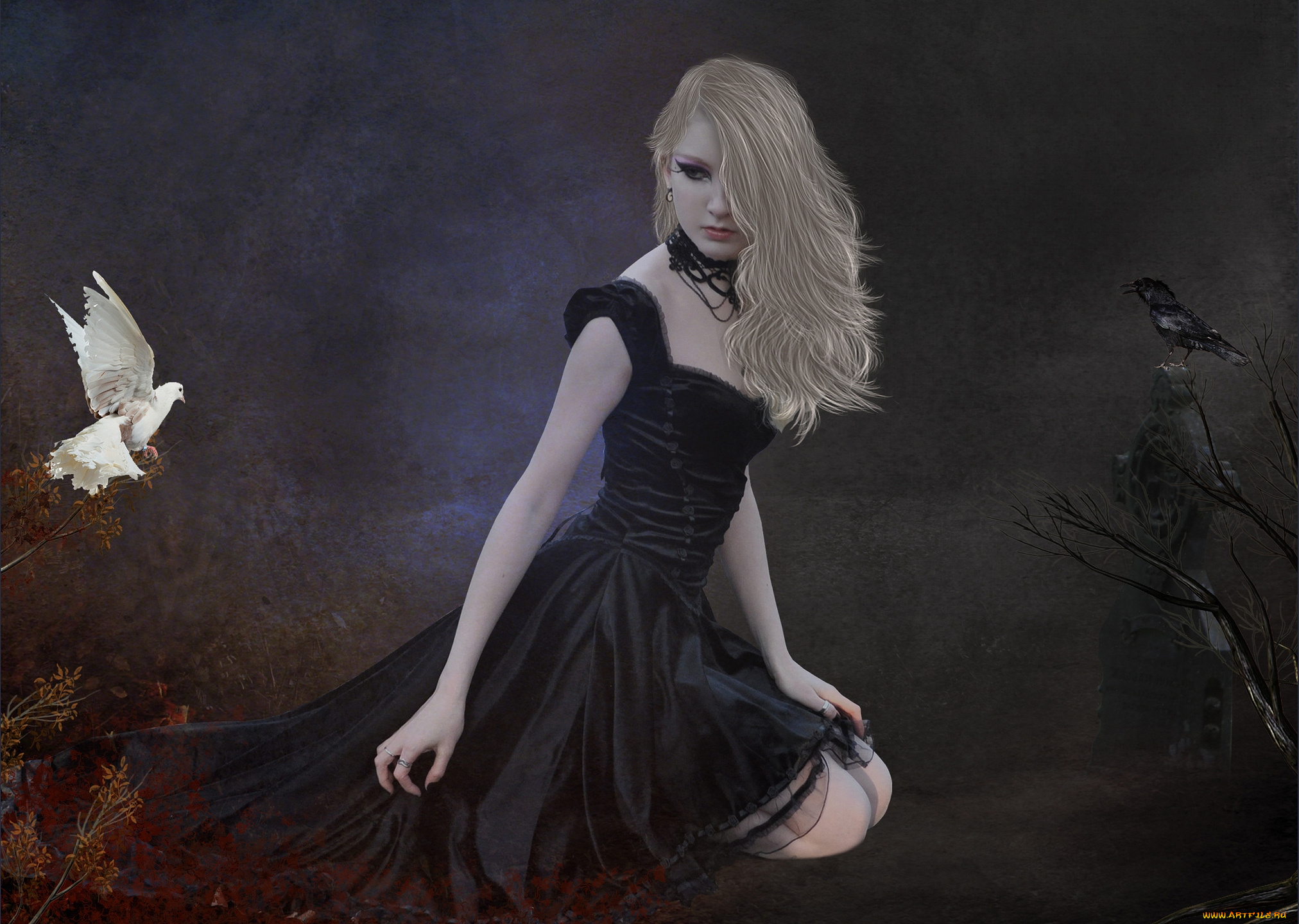 фэнтези, девушки, блондинка, сомнение, голубь, ворон