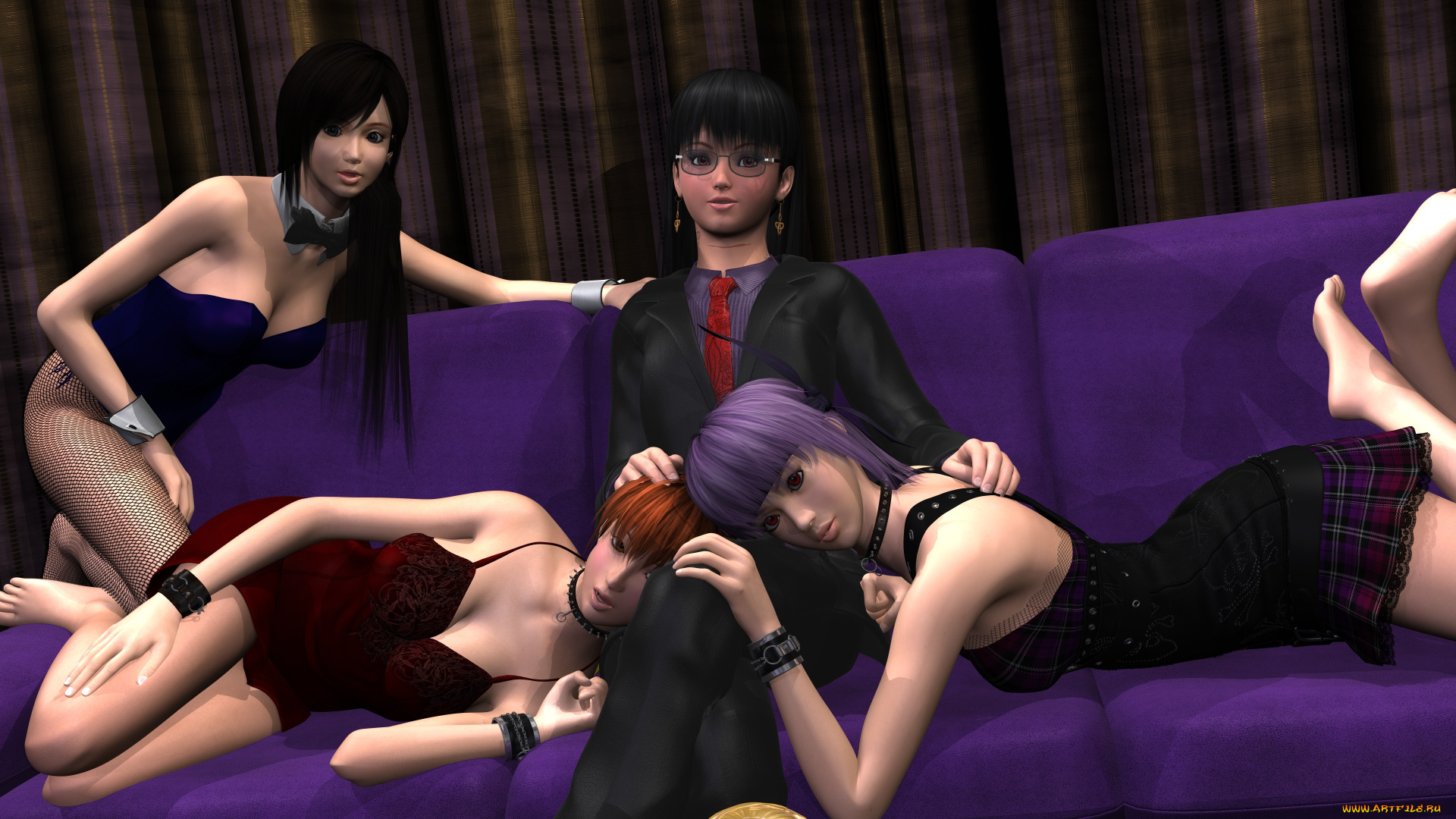 3д, графика, аниме, , anime, взгляд, девушка, диван, фон